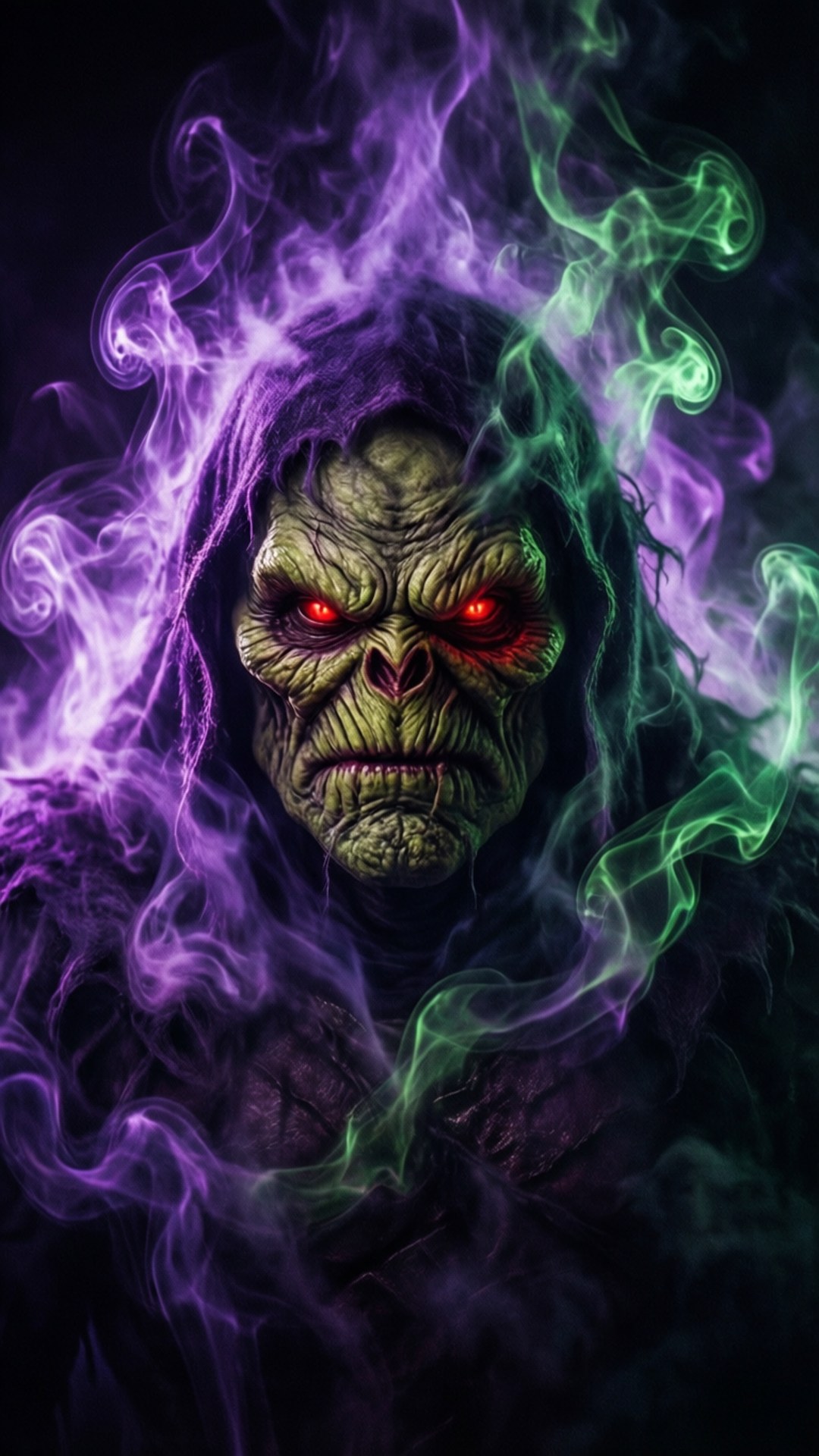Masters Of The Universe 桌布 壁紙 — 一個綠色皮膚、眼睛發出紅光的惡魔，從旋轉的紫色和綠色煙霧中，在黑暗的背景中出現。