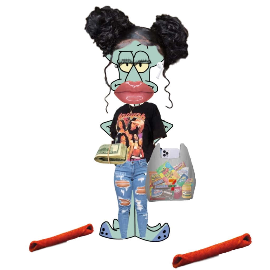  壁紙 — 一個綠色皮膚、紮辮子的卡通角色，穿著破洞牛仔褲，在白色背景前拿著零食和現金。