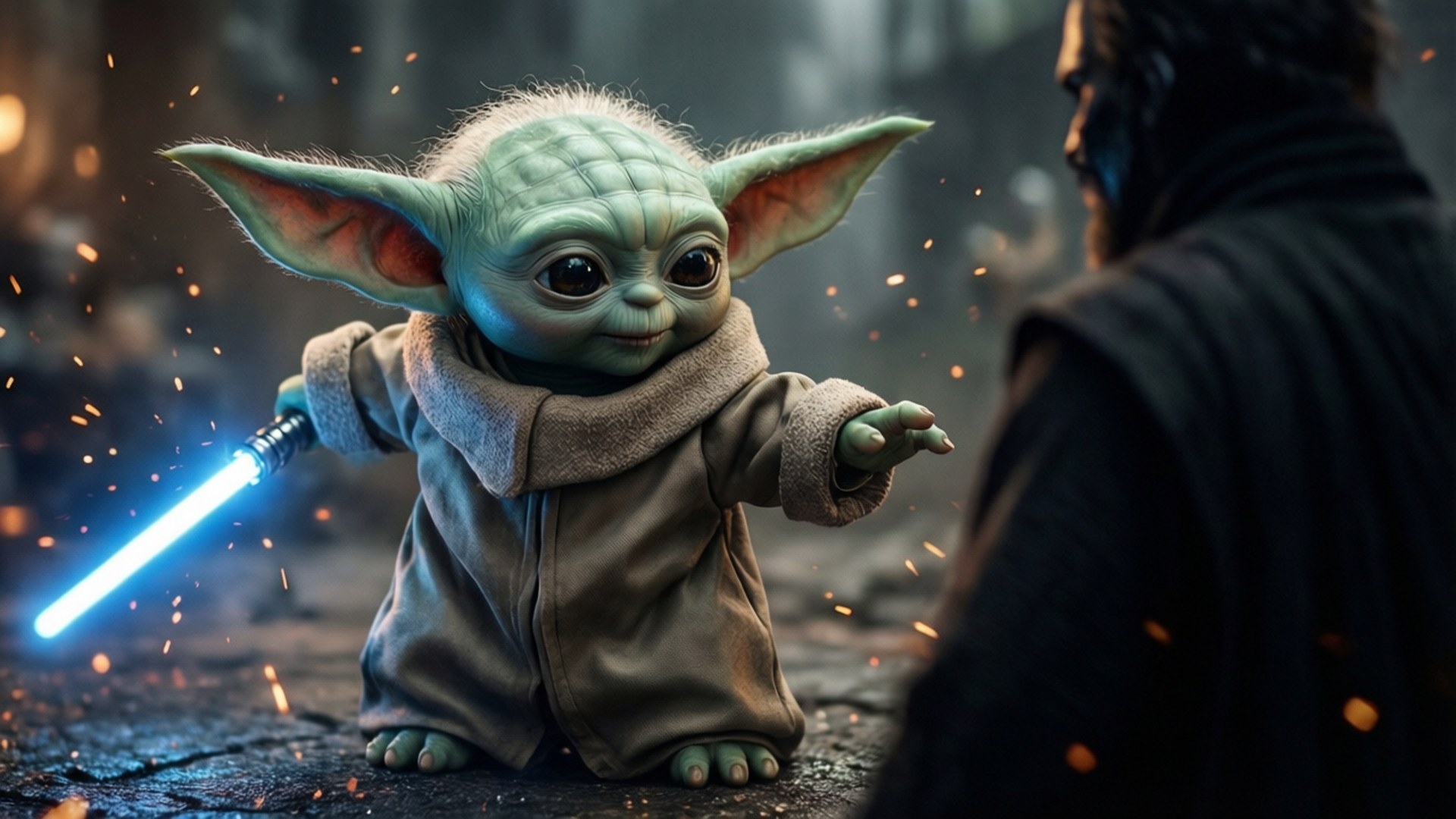 Baby Yoda Lightsaber Duel 壁紙 — 一個綠色小外星人，有大耳朵，手持發光藍色光劍，面對一個身穿黑衣的人物，背景是粗糙的城市環境。