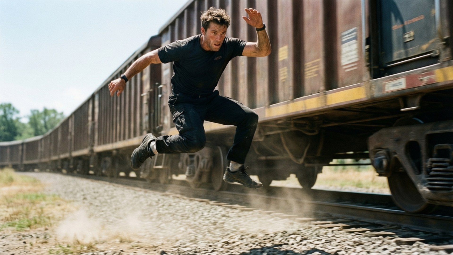 Tris Train Jump 壁紙 — 一個男人在火車軌道之間騰空跳躍，一輛生鏽的貨運火車在塵土飛揚的戶外場景中從他身邊疾馳而過。