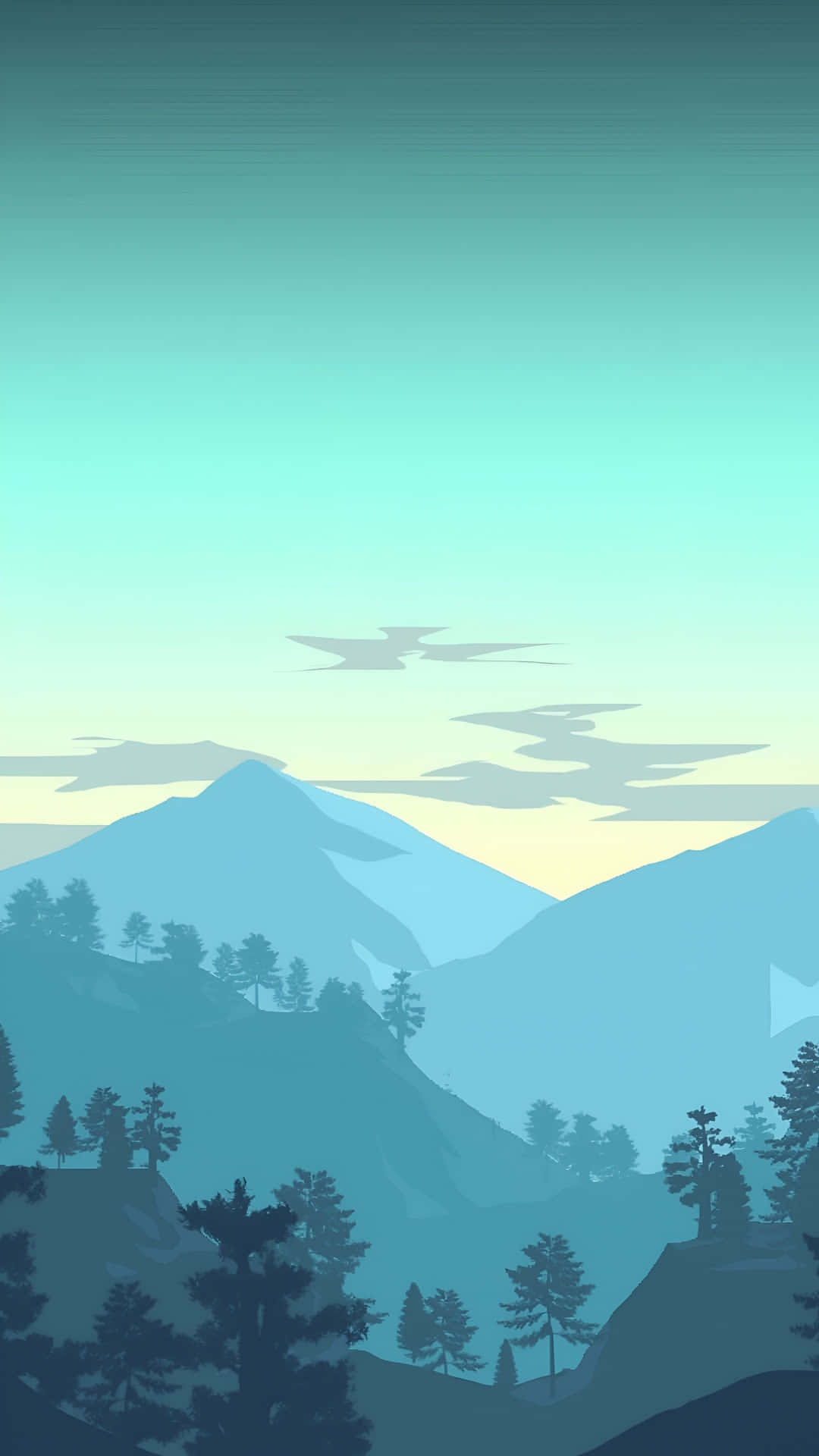  壁紙 — 一個寧靜的極簡主義山景，層疊的山峰和松樹，在漸變天空和風格化的雲朵下。