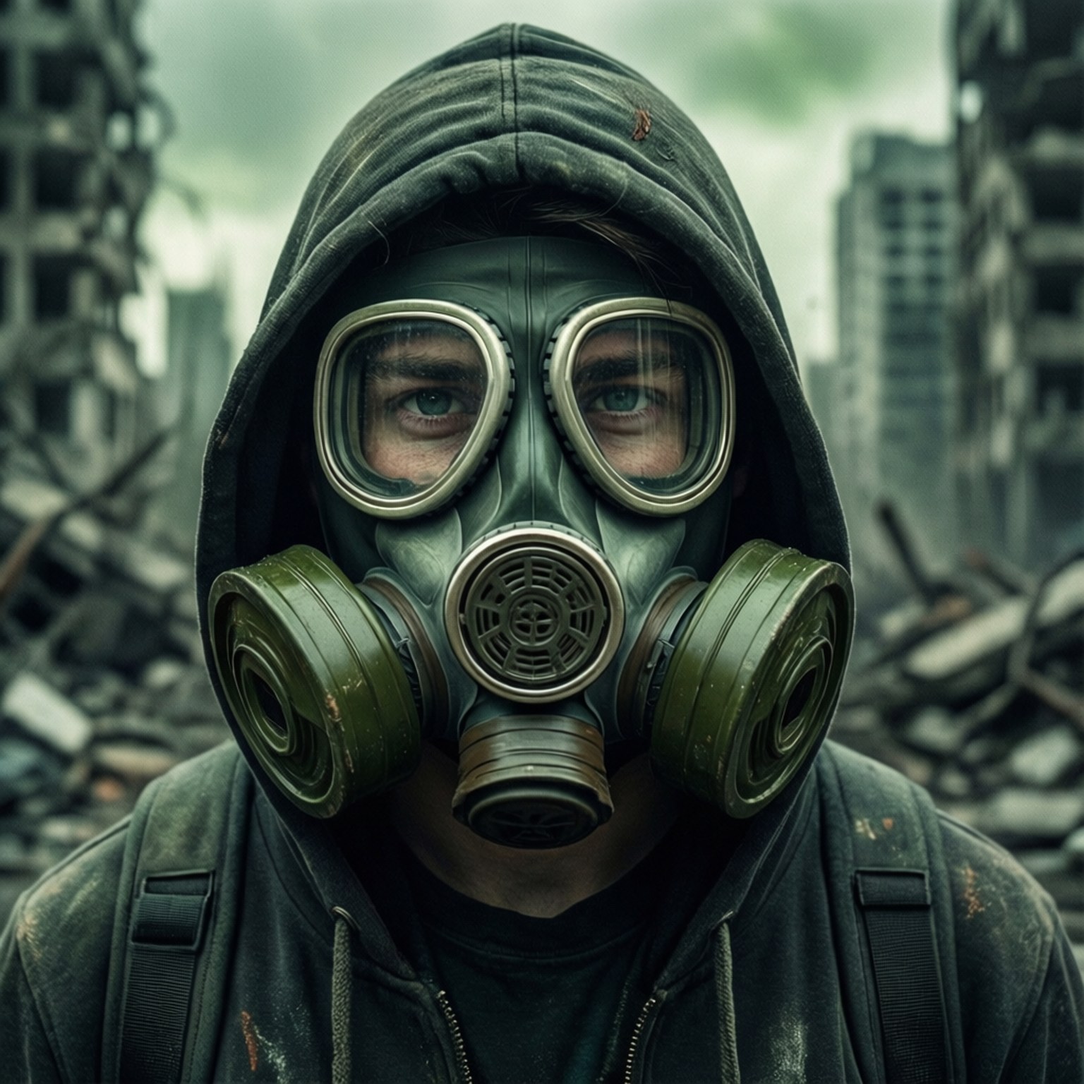 Apocalypse Survivor 壁紙 — 一個人戴著綠色防毒面具和連帽外套，在陰沉天空下以廢墟城市建築為背景凝視前方。