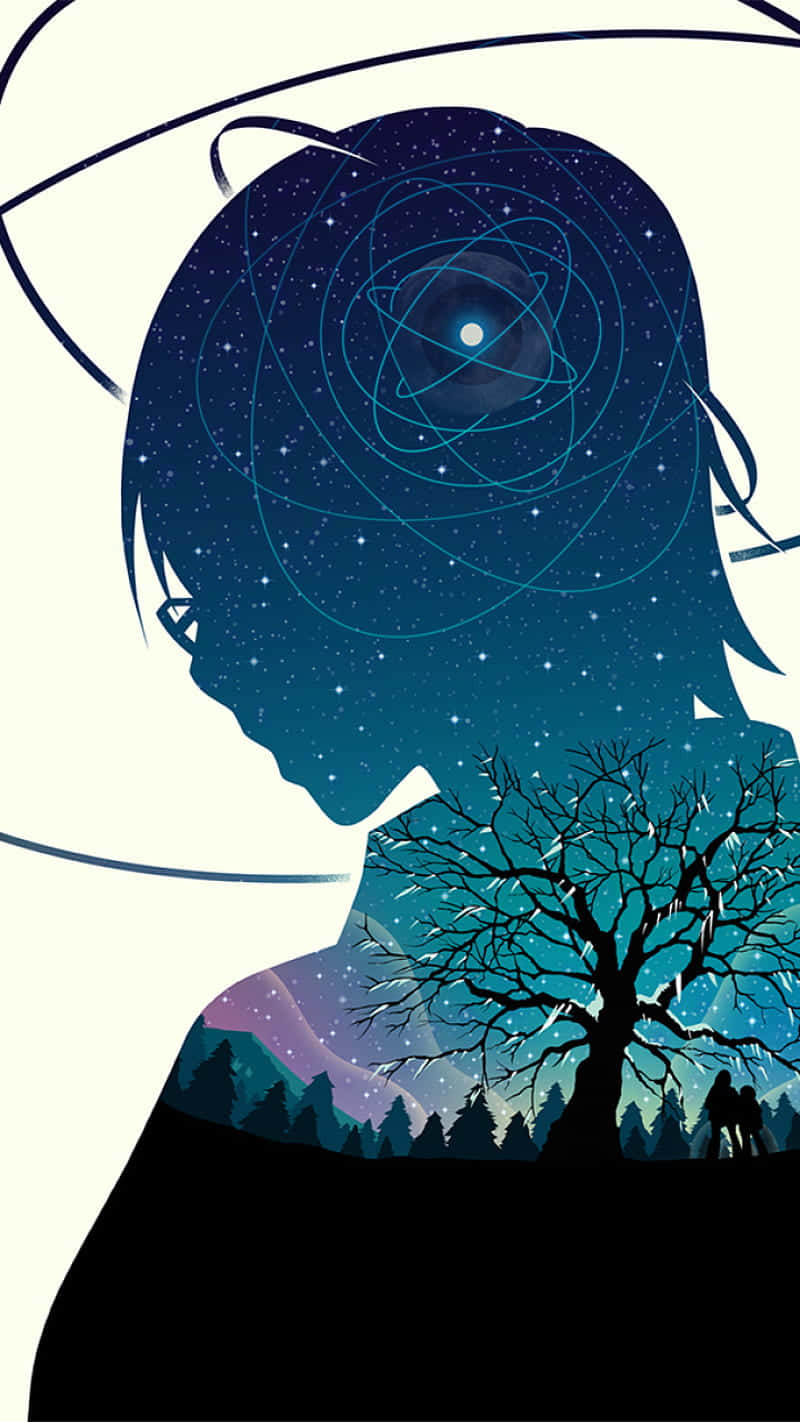 Satoru Fujinuma 桌布 壁紙 — 一個人頭的剪影，裡面充滿星星和原子軌道，下面有裸樹和山。