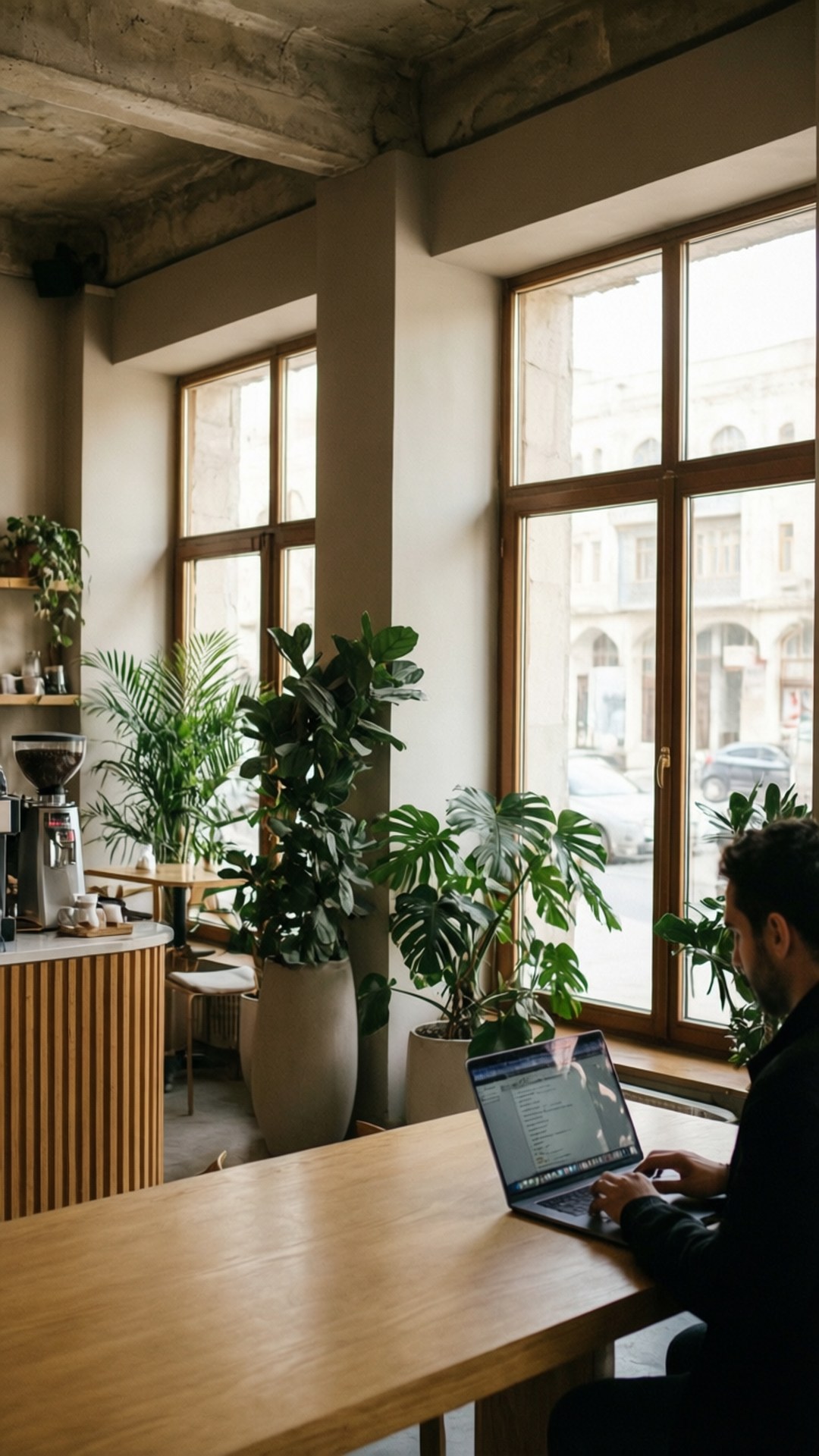 Tehran Coffee Shop 壁紙 — 一個人在陽光充足的咖啡館裡，在木桌上使用筆記型電腦，周圍有大型窗戶和茂盛的綠色植物。