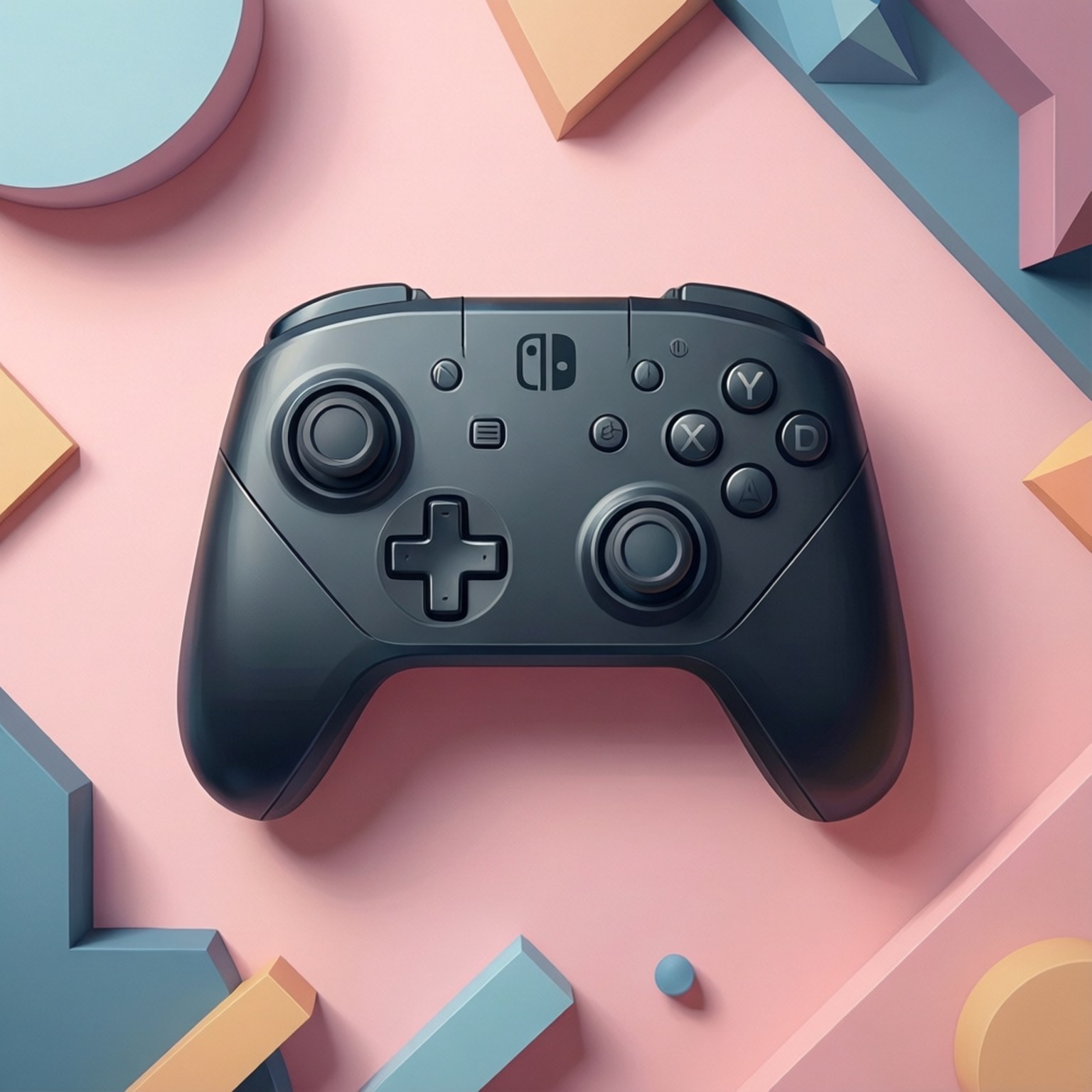 Pro Controller Abstract 壁紙 — 一個時尚的黑色Nintendo Switch Pro控制器放置在粉紅色粉彩表面上，周圍是柔和藍色和桃色的幾何形狀。