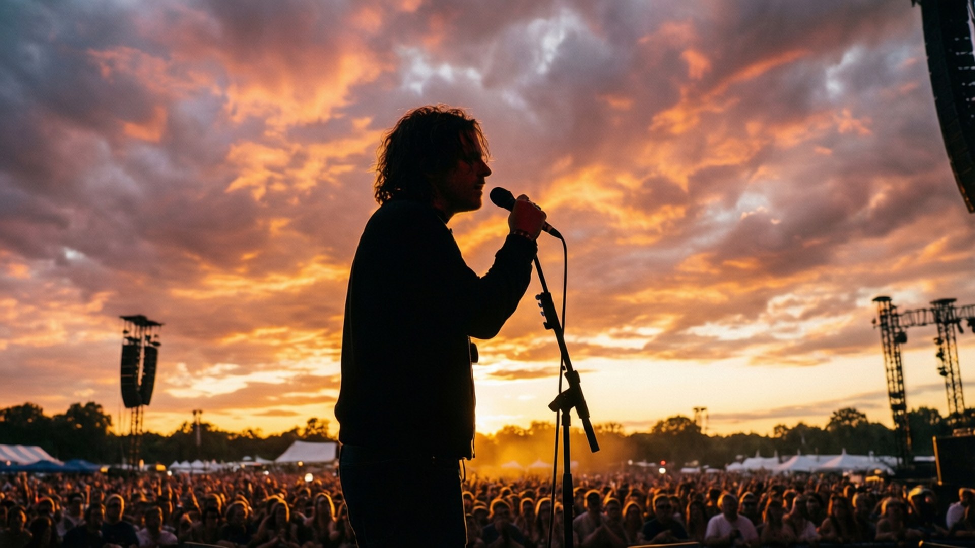 Festival Sunset Silhouette 壁紙 — 一位歌手在熾熱的日落天空襯托下，在戶外音樂會上對著麥克風演唱，面前是大量人群。