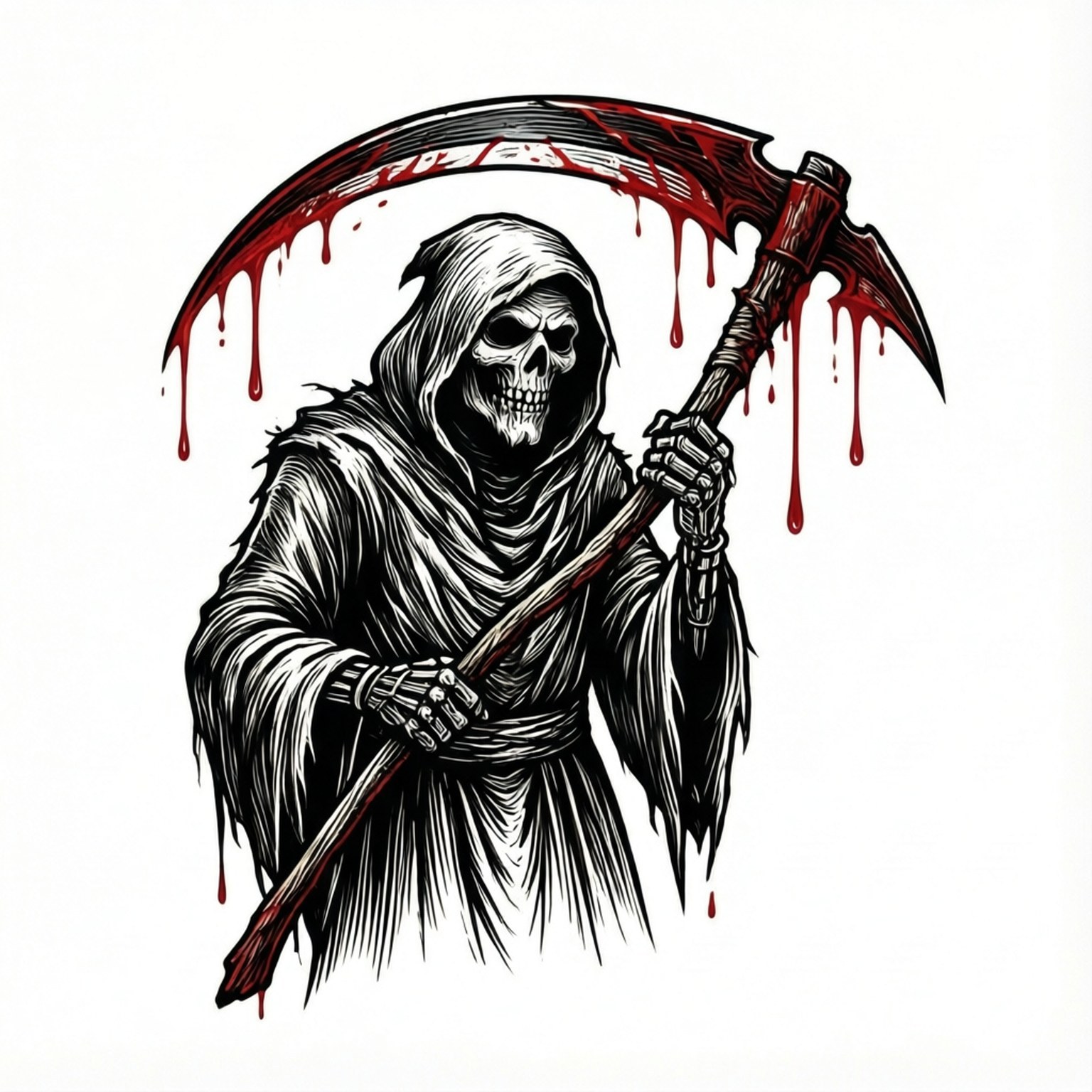 Scythe Minimalist 壁紙 — 一個鮮明的黑白插圖，描繪死神手持沾滿鮮血的鐮刀，背景為白色。