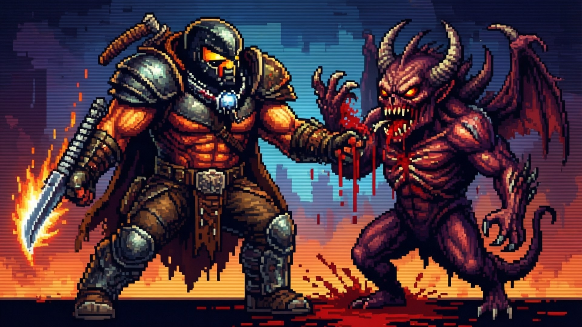 Retro Slayer 壁紙 — 一個像素化的盔甲戰士在熾熱的夕陽下揮舞著火焰劍，對抗一個滴血的角惡魔。