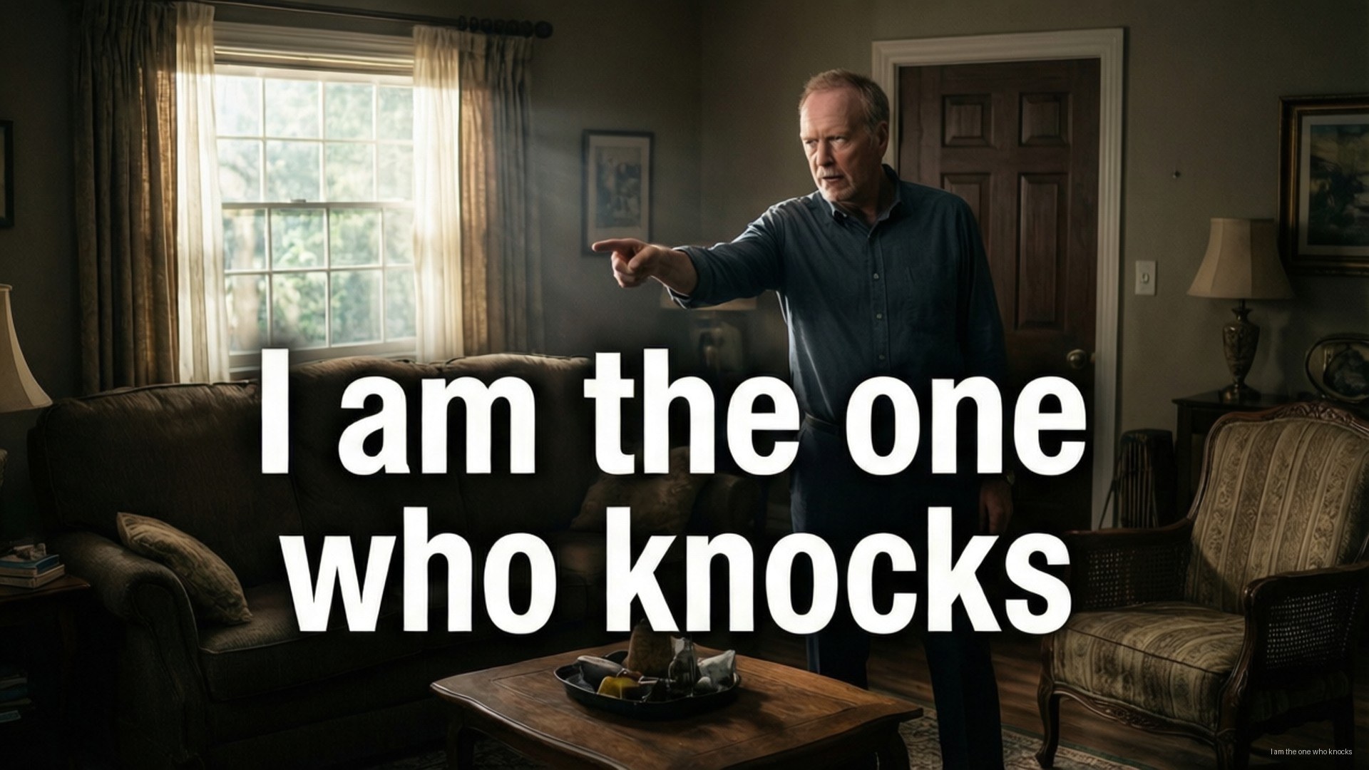 I Am the One Who Knocks 壁紙 — 一個男人在昏暗的客廳中指責地指著，粗體白色文字在咖啡桌上宣告『我就是敲門的人』。