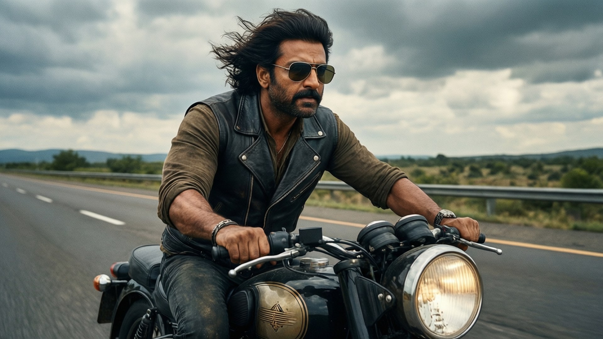 Biker Akshay 壁紙 — 一個頭髮被風吹亂、戴著飛行員太陽眼鏡的男人，在陰天下一條孤獨的高速公路上騎著一輛復古機車。