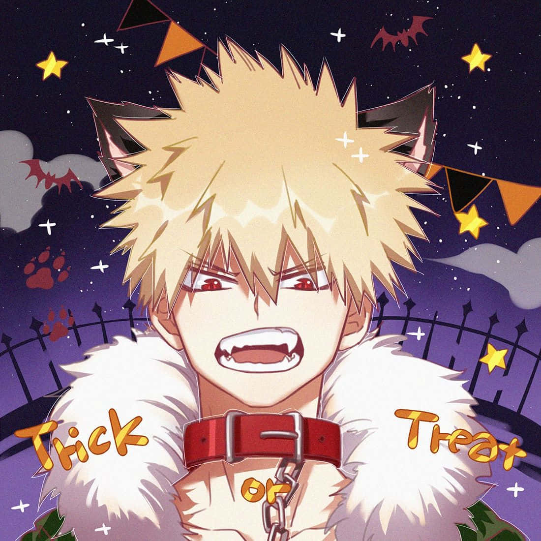  壁紙 — 一個頭髮尖刺、紅眼、有獠牙的動漫男孩，在滿天星星的萬聖節夜空下，露出牙齒，背景有蝙蝠和橙色橫幅。