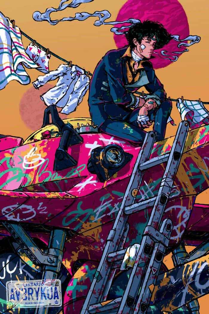  壁紙 — 一個頭髮凌亂的年輕男子坐在一輛佈滿塗鴉的粉紅色汽車上，頭頂有一個巨大的粉紅色太陽，附近掛著衣服。