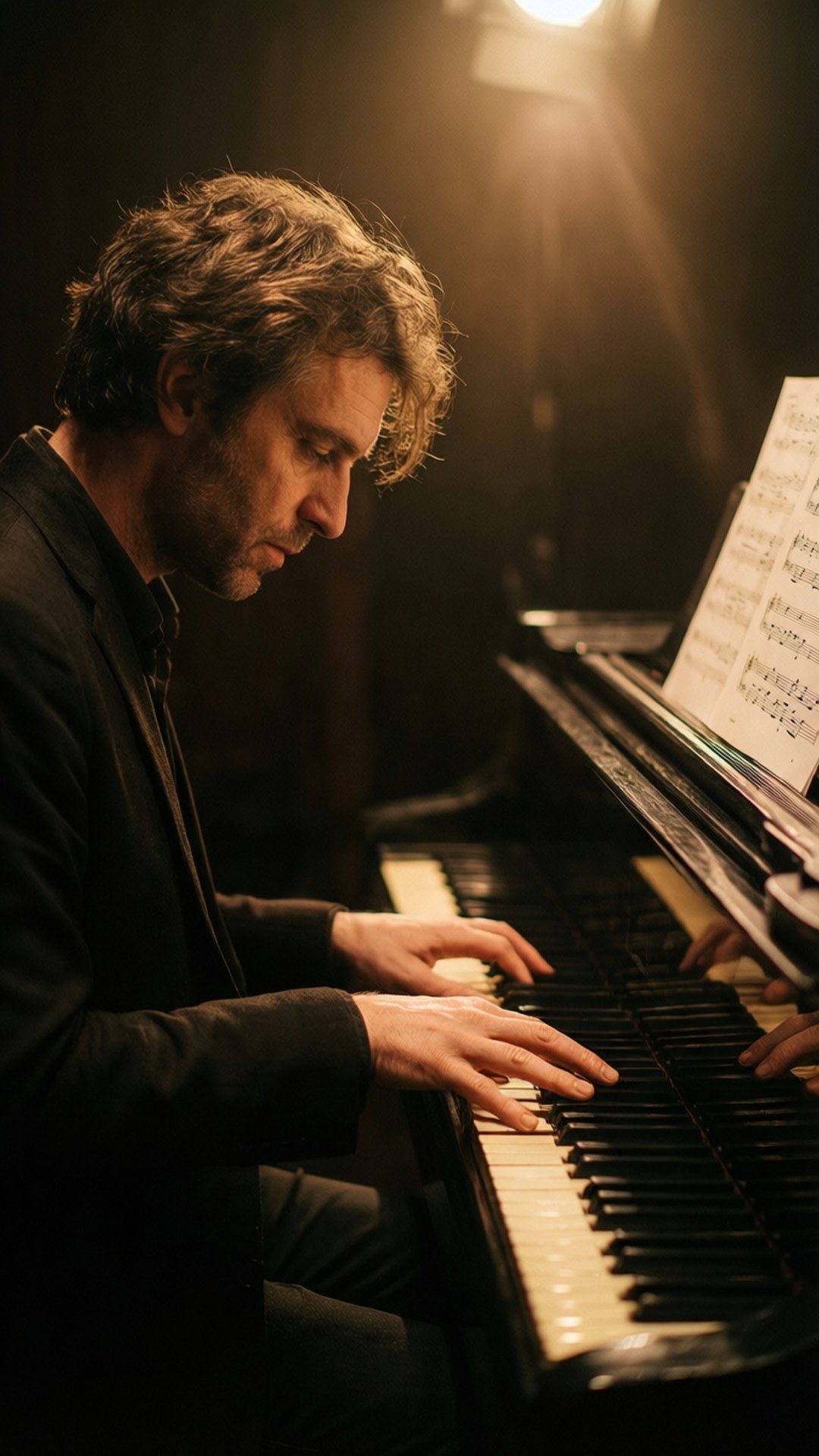 Piano Sonata Focus 壁紙 — 一個頭髮凌亂的男人在溫暖的聚光燈下彈奏三角鋼琴，樂譜放在譜架上。