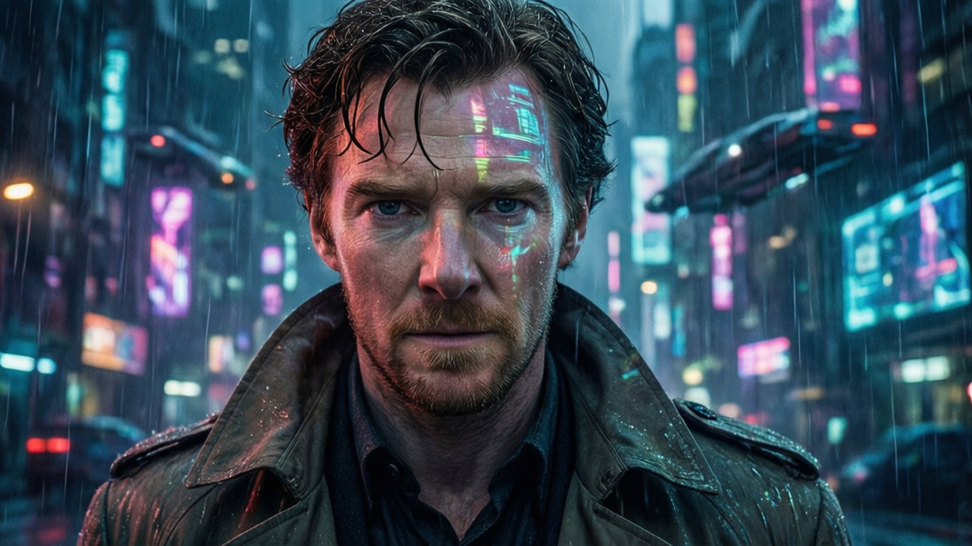 Cyberpunk Cumberbatch 壁紙 — 一個頭髮濕透、臉上帶有發光賽博格標記的男人，在霓虹燈照亮、雨水浸濕的未來城市景觀中凝視著。