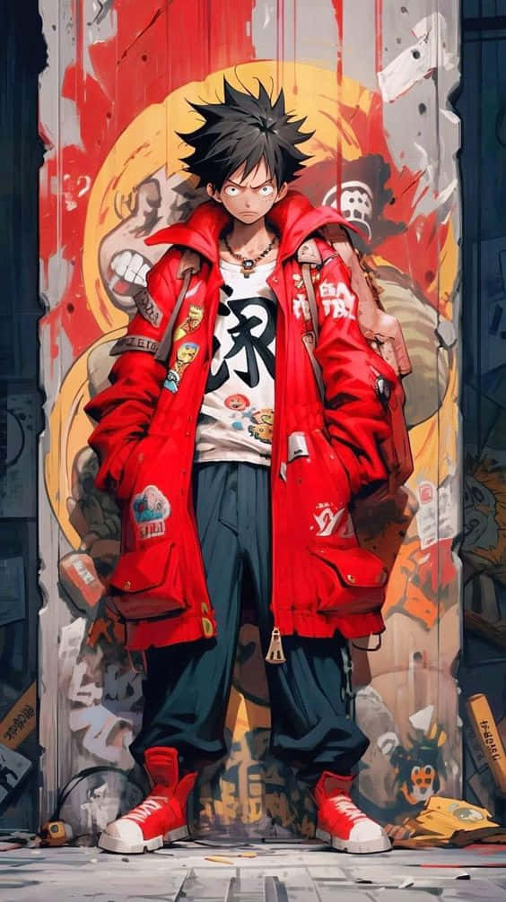  壁紙 — 一個頭髮豎起的動漫男孩穿著紅色外套，挑釁地站在一個帶有大型太陽圖案的塗鴉牆前。