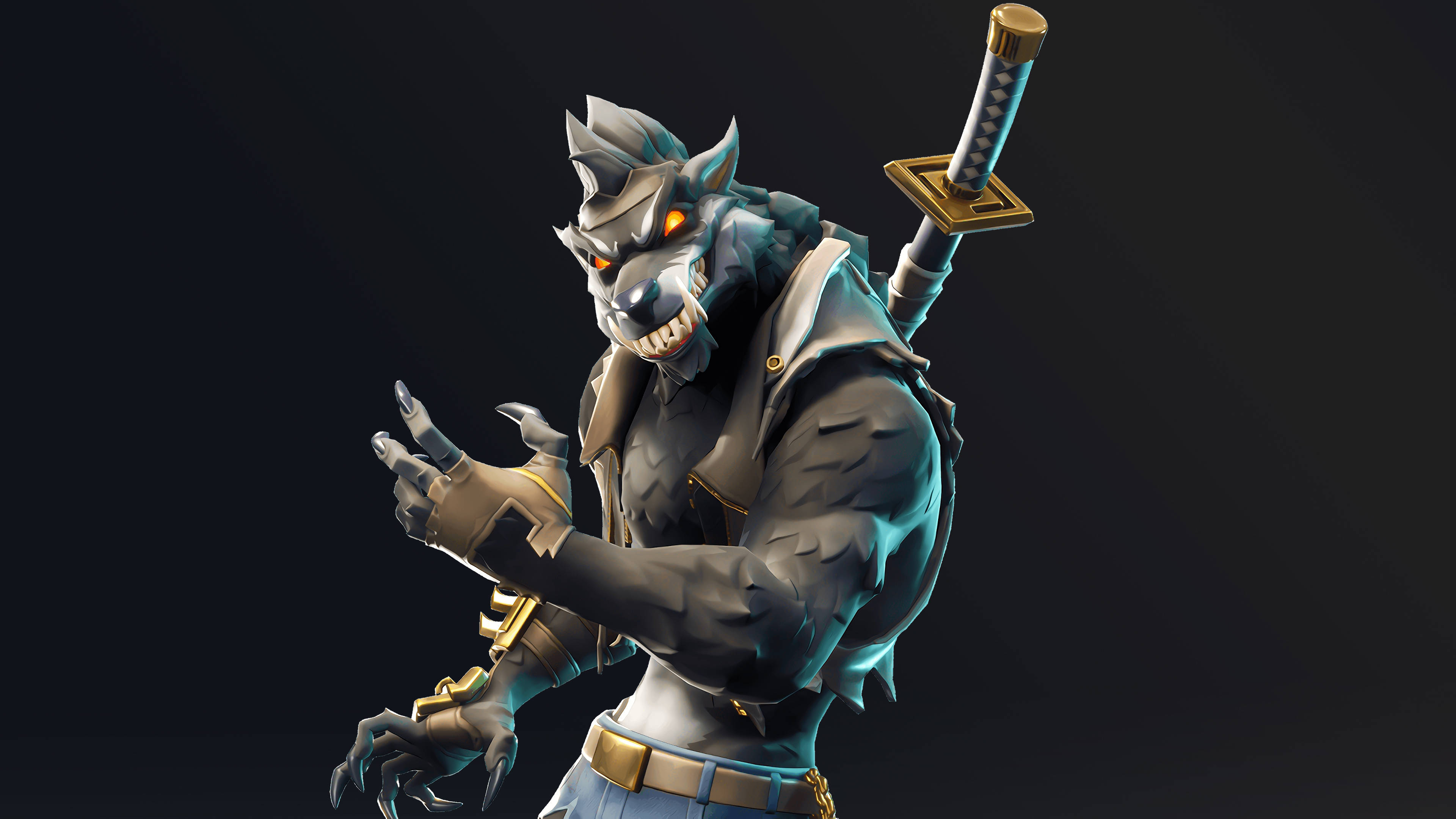 狼頭戰士，發光的眼睛和背上的劍，深色背景 — Fortnite 壁紙