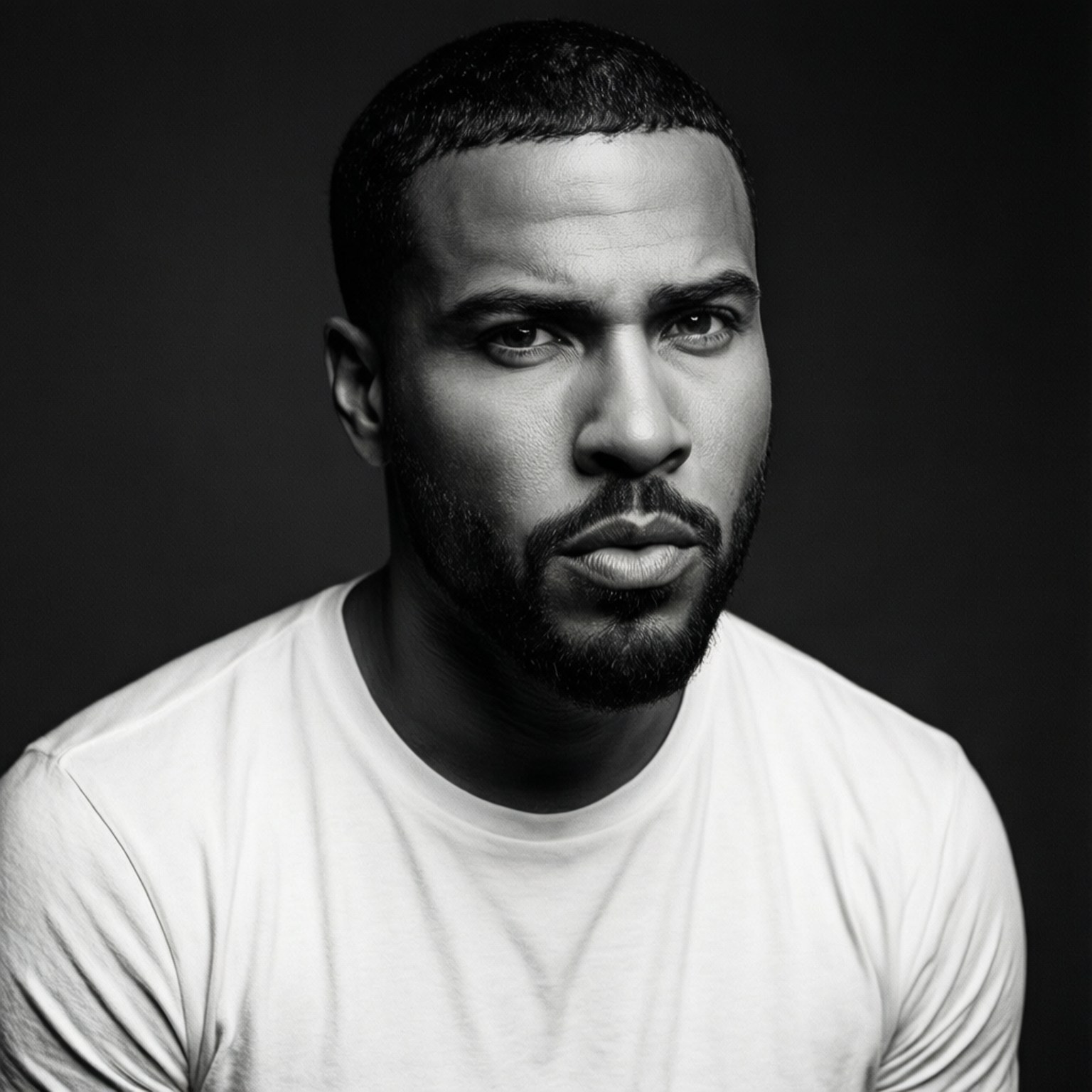 Jason Derulo 桌布 壁紙 — 一個鬍鬚男人穿著白色T恤在深色背景下的黑白肖像。