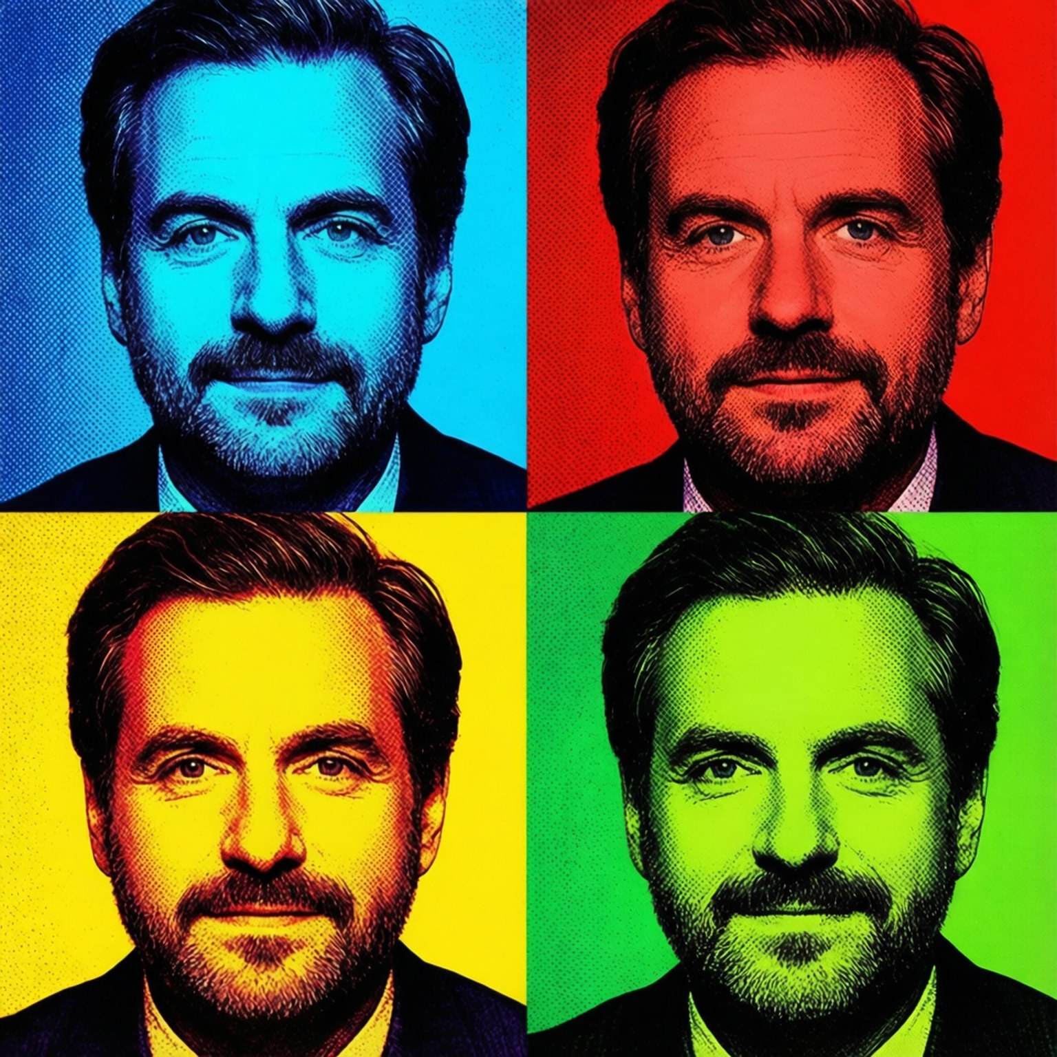 Shapiro Pop Art 壁紙 — 一個鬍鬚男人的普普藝術肖像，分為四個象限，每個象限都充滿不同的鮮豔色彩。