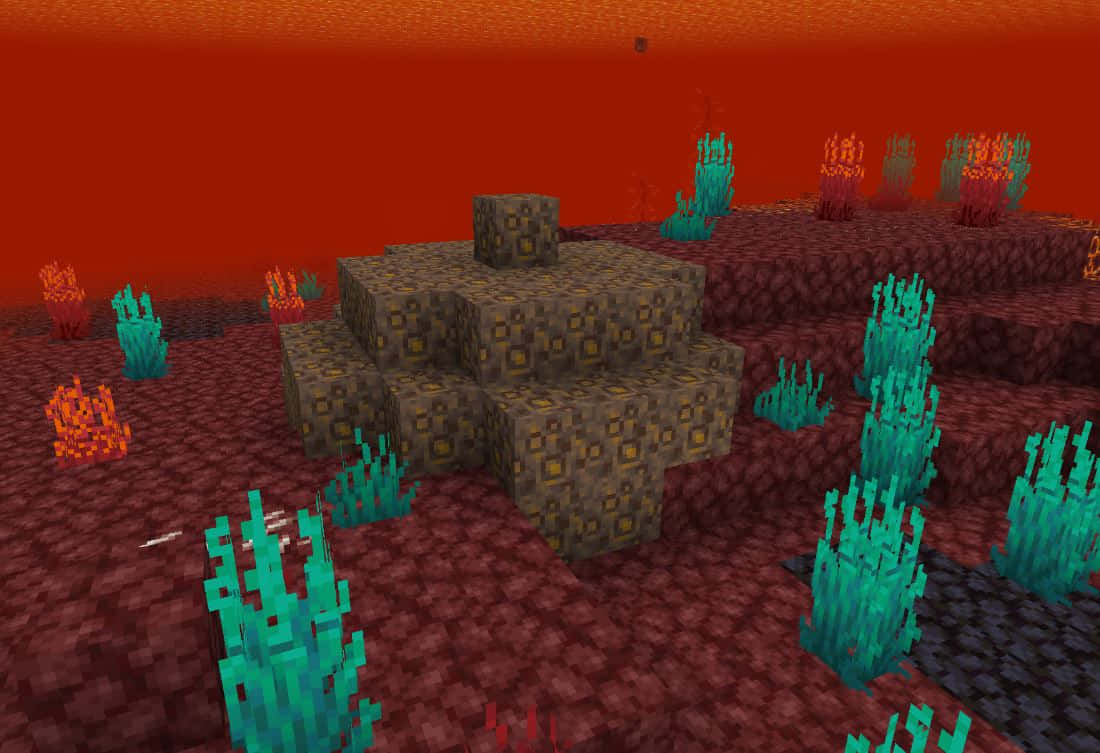  壁紙 — 一個像素化的Minecraft水下場景，有珊瑚和石塊，在發光的紅色天空下。
