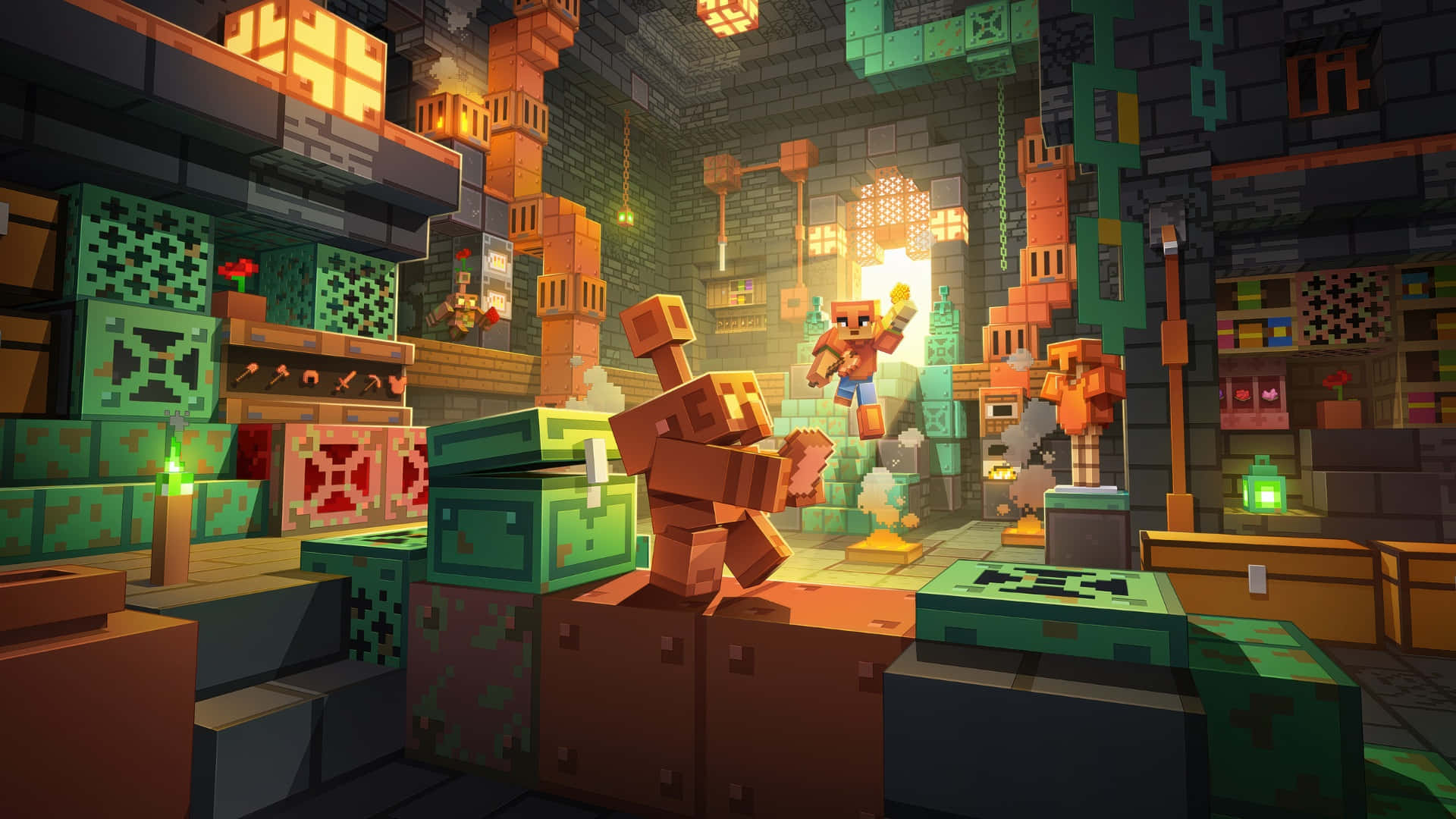  壁紙 — 一個像素化的Minecraft玩家在一個光線昏暗、充滿發光方塊和掛燈的地下城與苦力怕戰鬥。