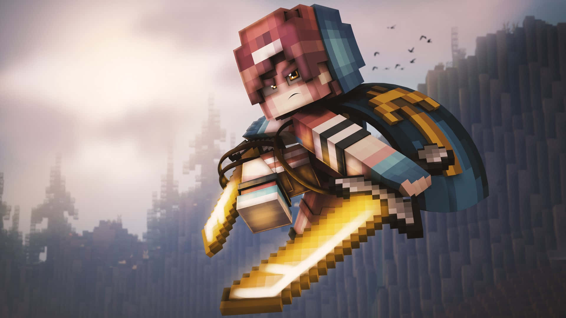  壁紙 — 一個像素化的Minecraft戰士，手持發光劍，在迷霧籠罩的天空中飛越方塊狀的城市尖塔。