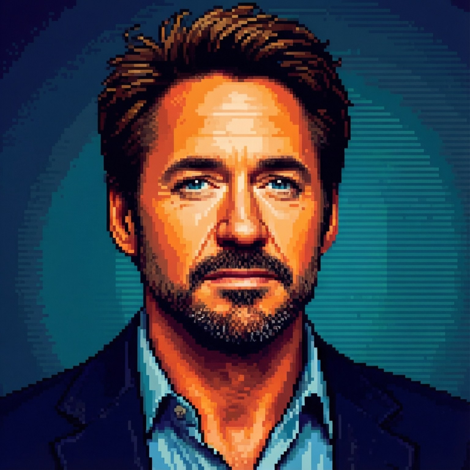 Pixel Art Robert 壁紙 — 一個像素化肖像，男人藍眼睛、鬍鬚，身穿西裝，背景為青綠色漸變。