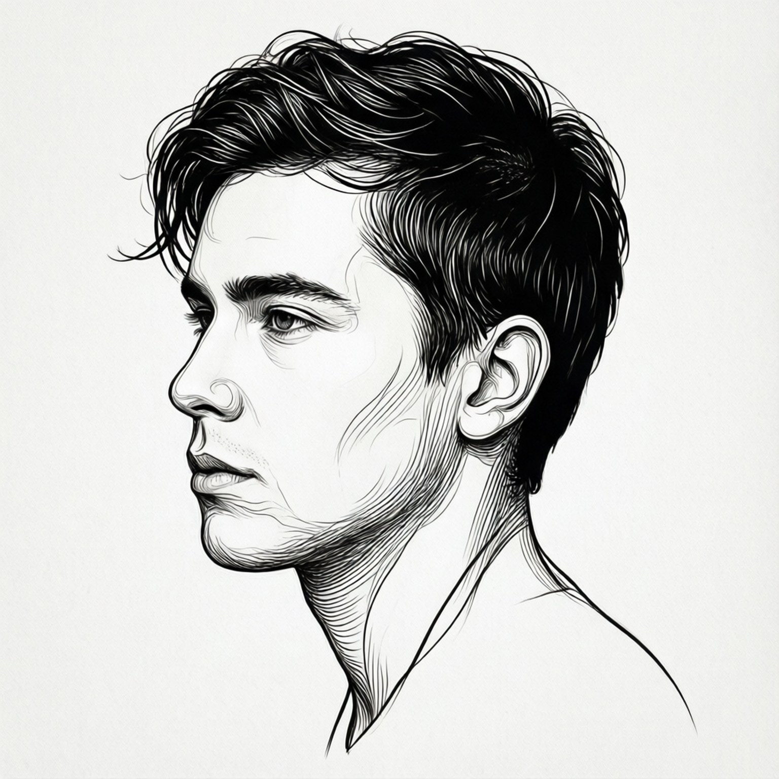 Line Art Profile 壁紙 — 一個詳細的黑白線條藝術肖像，描繪一位年輕男子的側面，帶有紋理頭髮和清晰的面部特徵。