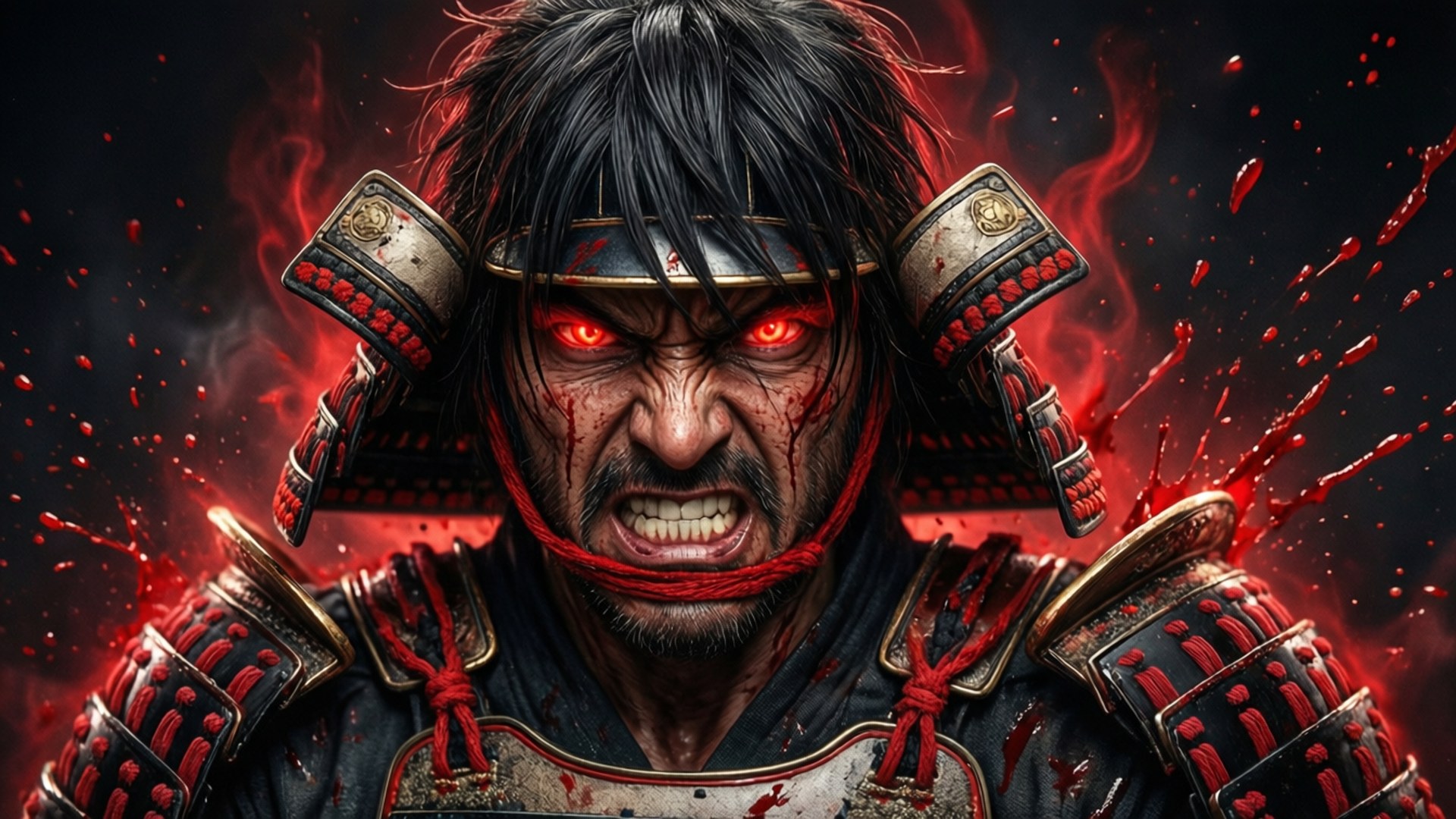 Battōsai Unleashed 壁紙 — 一個血淋淋的武士，擁有發光的紅眼睛和濺滿深紅色盔甲，在黑暗火熱的背景中咆哮。