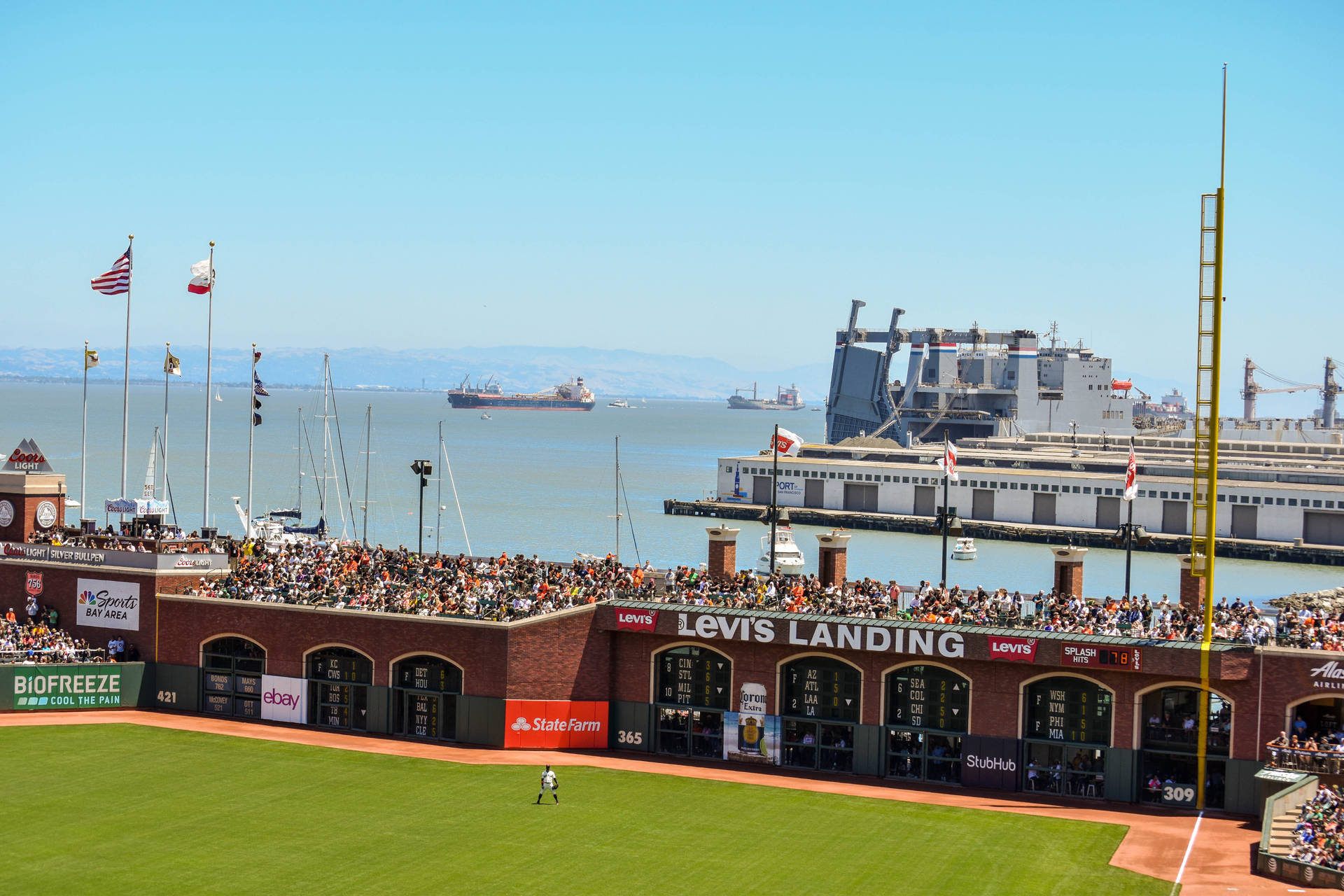 晴朗天空下，棒球場與球迷及港口景觀 — MLB 壁紙