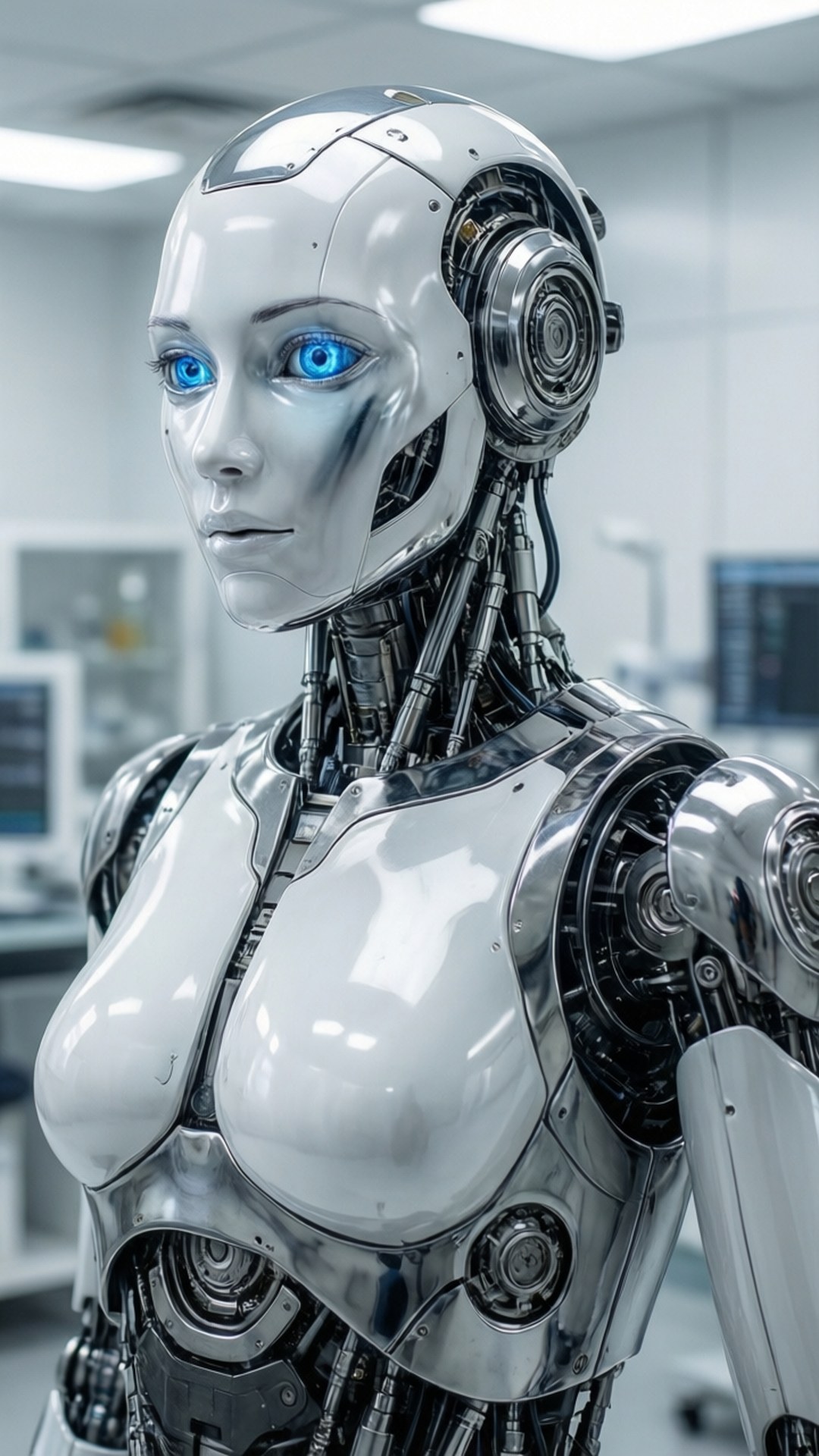 Chrome Robot Portrait 壁紙 — 一個擁有發光藍色眼睛和鍍鉻軀幹的人形機器人，站在一個裝有顯示器和設備的無菌實驗室中。