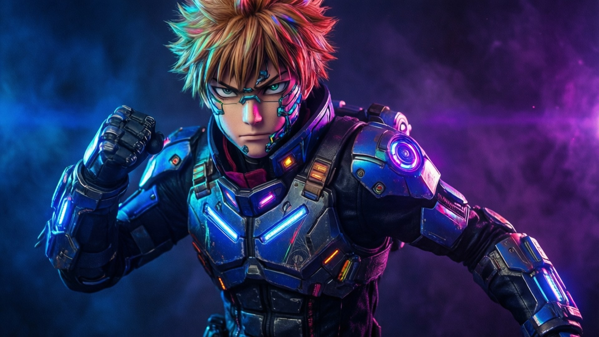 Yuri in Technicolor Gear 壁紙 — 一個擁有尖刺橙色頭髮和發光藍色盔甲的網路戰士，在煙霧瀰漫的紫色和藍色背景下傲然挺立。