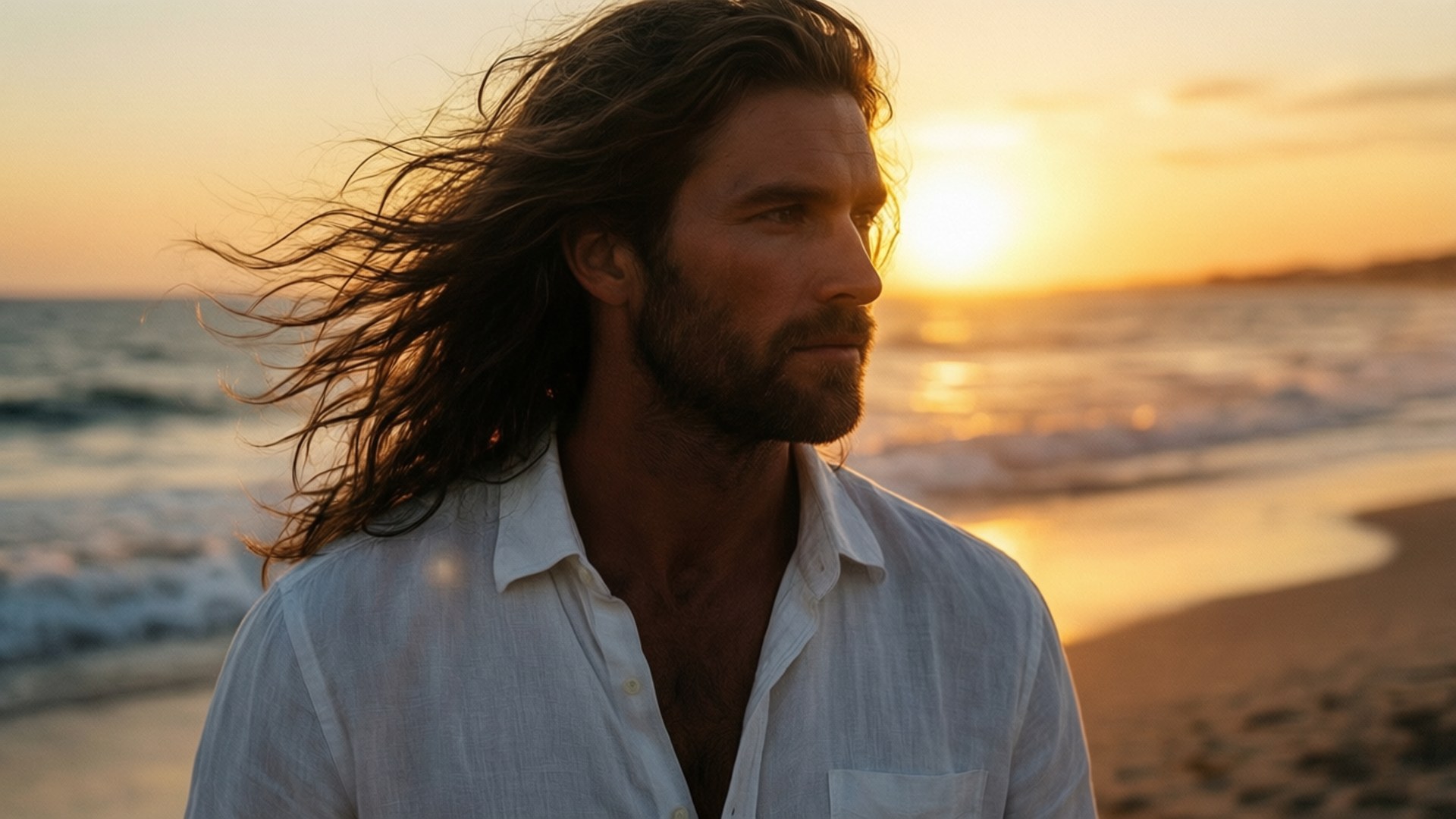 Beach Romance 壁紙 — 一個長髮鬍鬚的男人站在日落時分的海灘上，風吹動他的頭髮，海浪在他身後拍打。