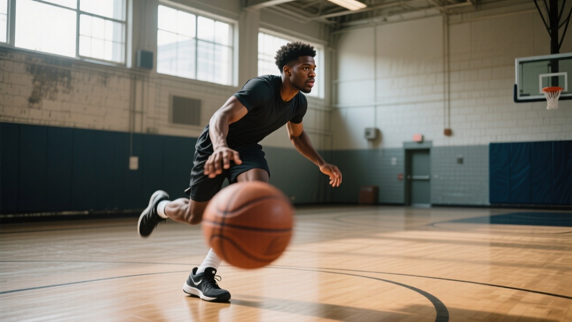 Practice Dribble 壁紙 — 一個專注的籃球運動員在陽光普照的體育館中低運球，地板是硬木地板，牆壁是藍色軟墊。