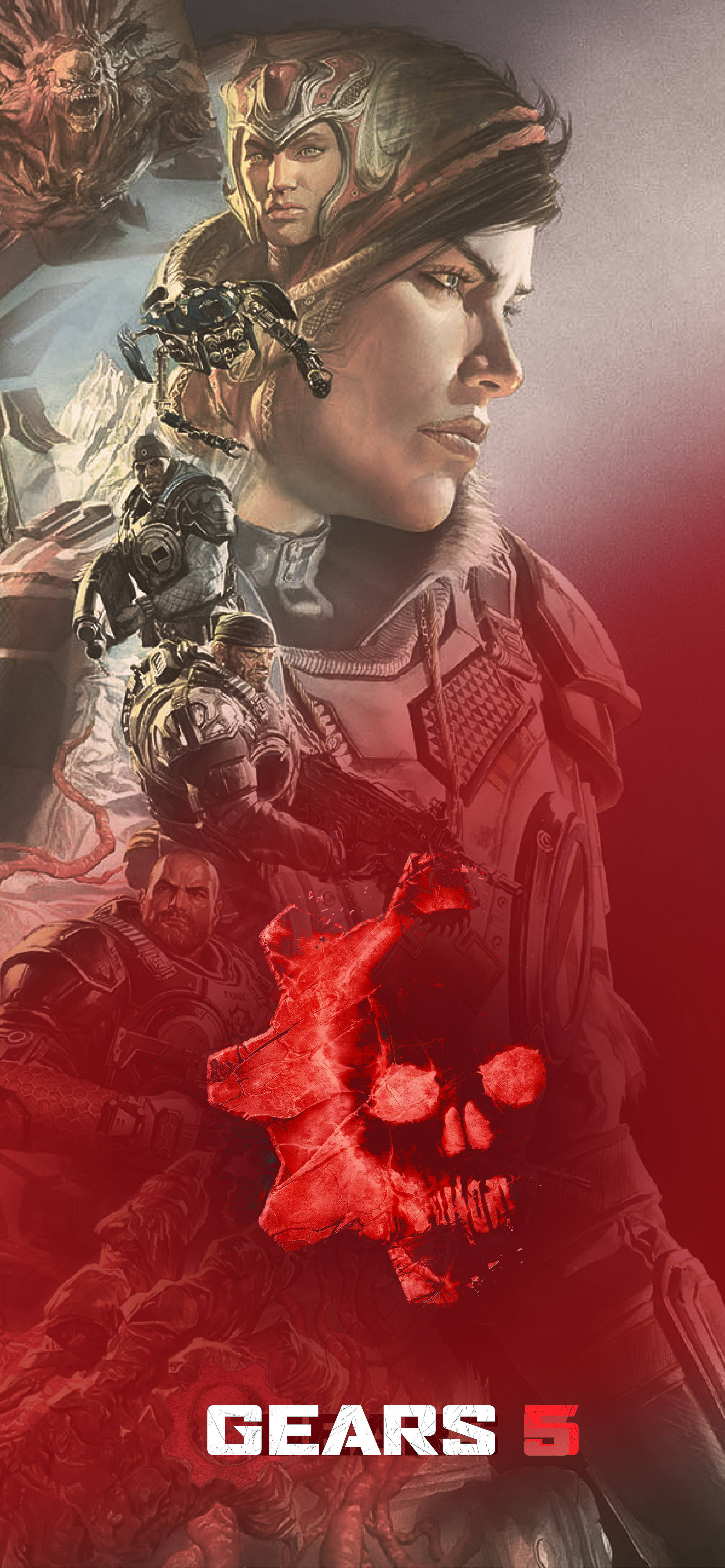 電玩遊戲 桌布 壁紙 — Gears 5 的戲劇性數位藝術海報，展示一位嚴肅的女士兵穿著盔甲，帶有發光的紅色骷髏標誌，以及其他戰士在 gritty 的戰區中。