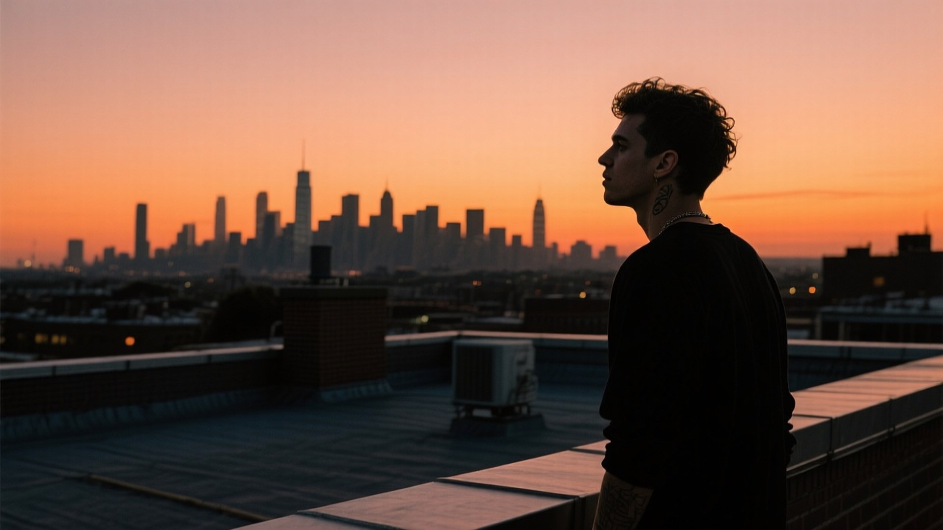 City Skyline Silhouette 壁紙 — 一個剪影中的年輕人站在屋頂上，在日落時分俯瞰發光的城市天際線。