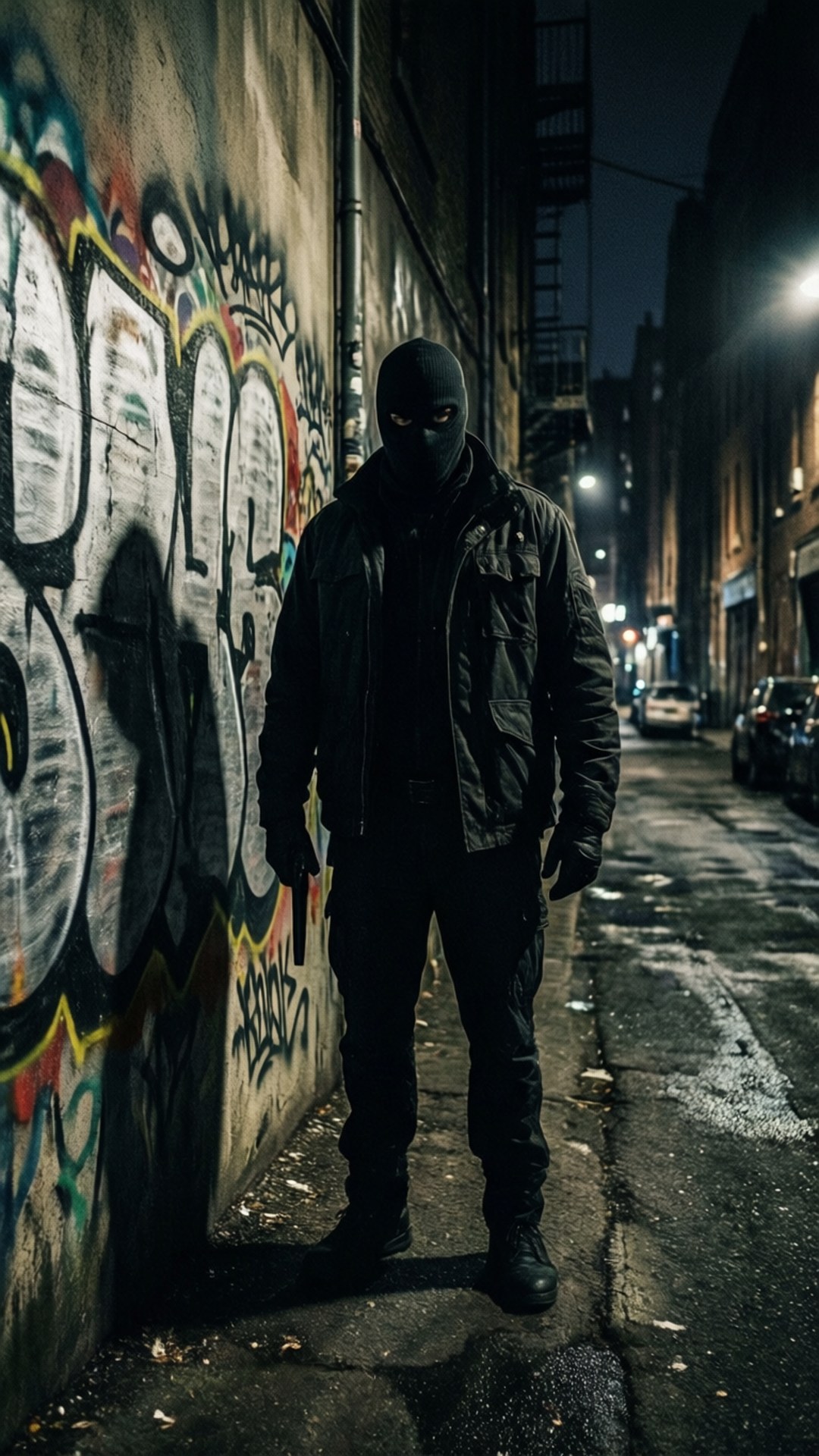 Vigilante Shadow 壁紙 — 一個戴黑色面具的人物在夜晚街燈下的塗鴉小巷中獨自站立。