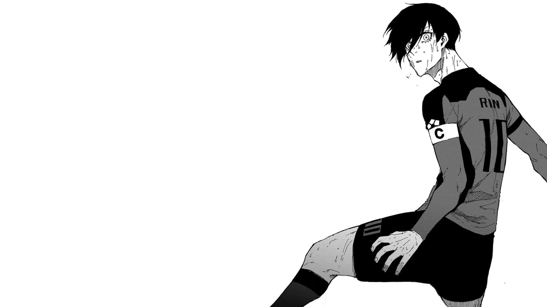  壁紙 — 一個黑白動漫足球員，身穿印有「RIN」和11號的球衣，以動態姿勢蹲下。