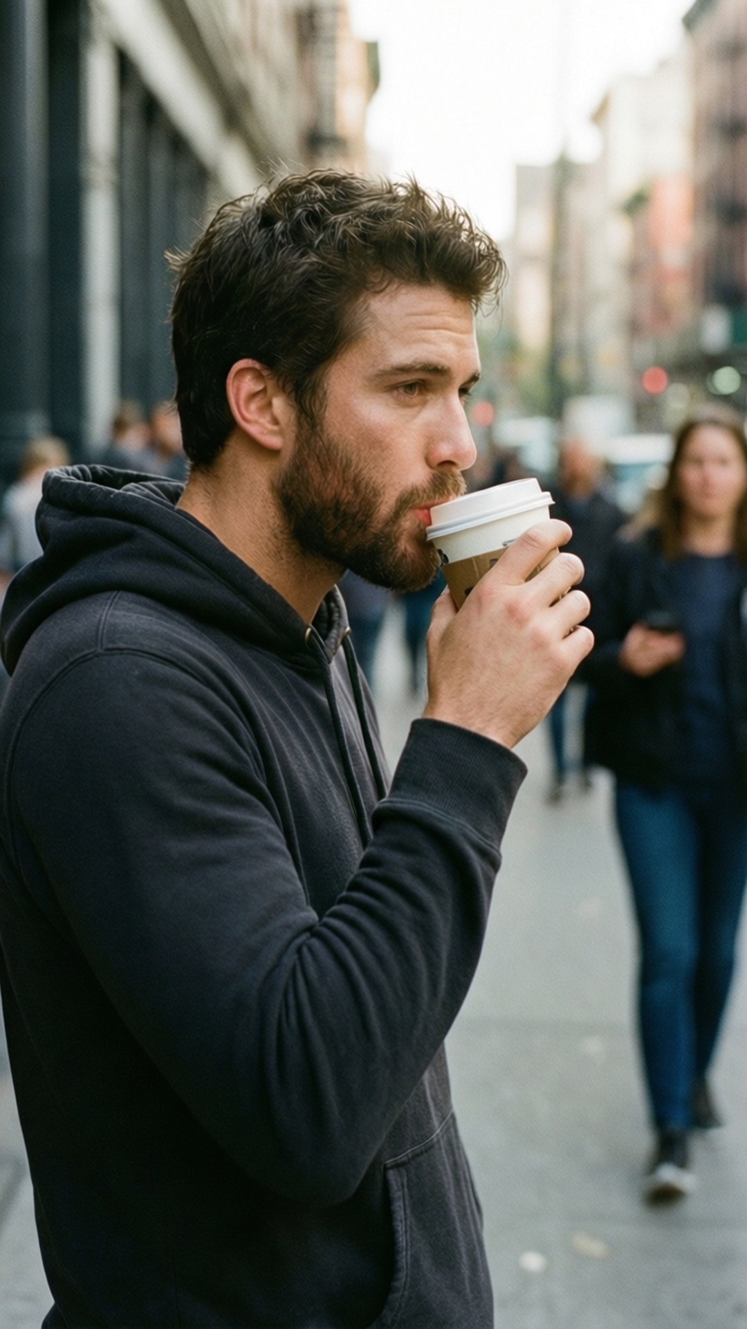 Morning Coffee Grant 壁紙 — 一個留鬍鬚的男人在城市人行道上啜飲咖啡，途人以柔焦效果走過。