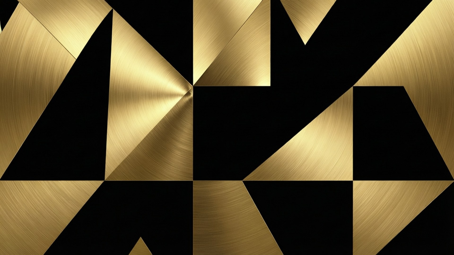 Gold Geometric Minimalist 壁紙 — 由刷金三角形和黑色形狀從中心點放射出的幾何抽象圖案。