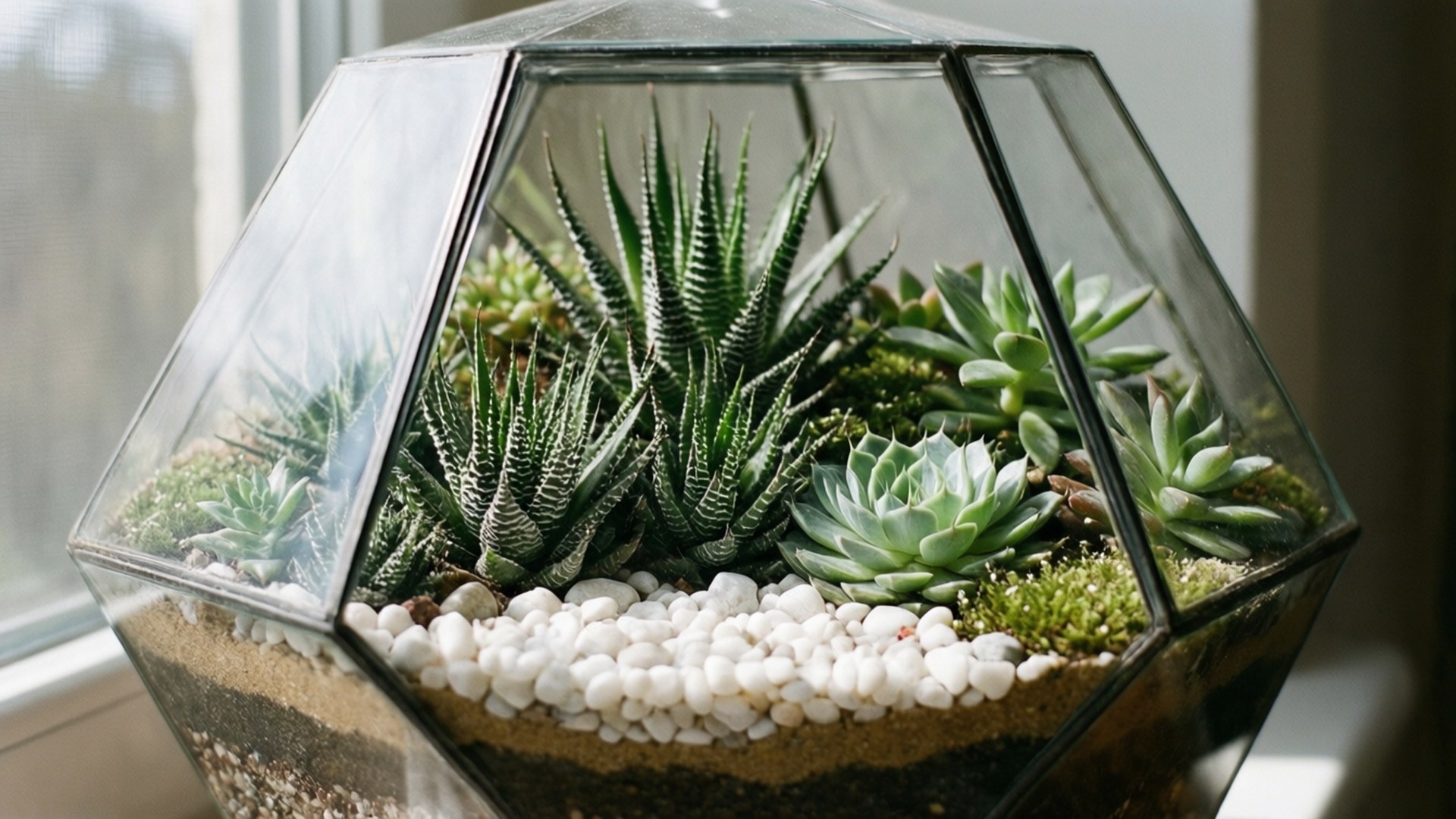 succulent 桌布 壁紙 — 一個幾何玻璃容器，裡面裝滿了各種多肉植物和白色鵝卵石，放在明亮的窗邊。