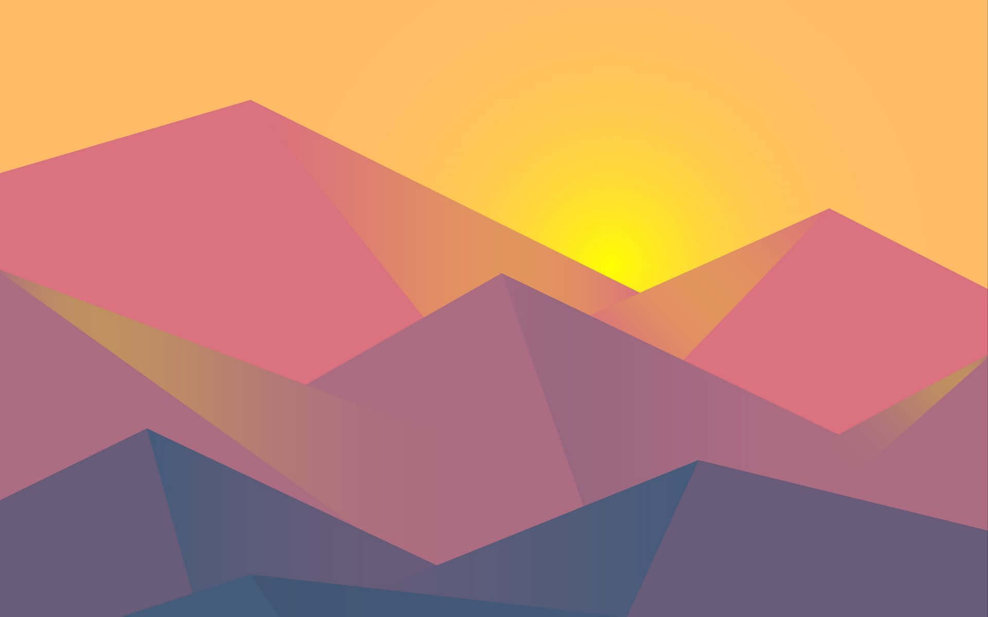 Minimalist Geometric 桌布 壁紙 — 幾何風格的山脈，呈現溫暖的日落色調，層疊的三角形山峰在發光的橙色天空下。