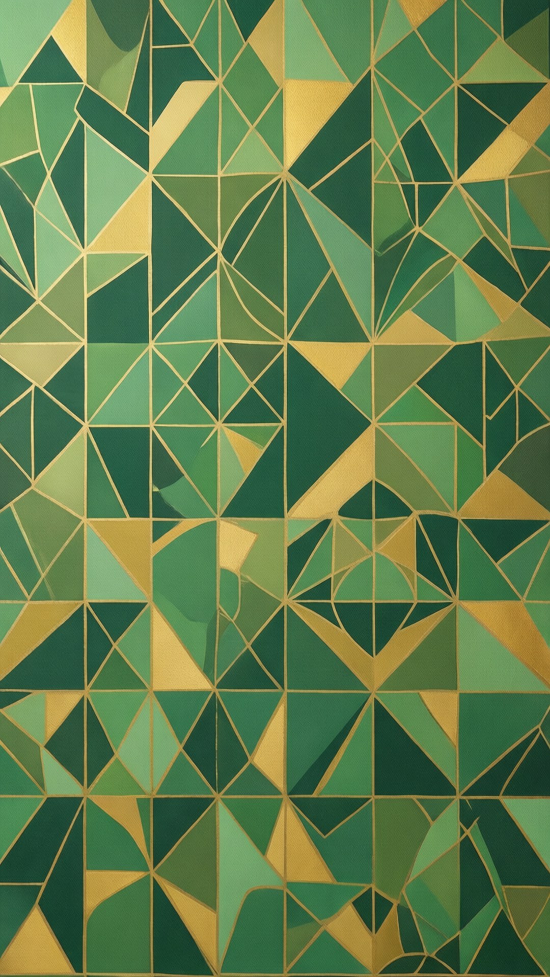 Geometric March Greens 壁紙 — 一個充滿活力的幾何壁紙圖案，由不同深淺的綠色和金色互鎖三角形組成。