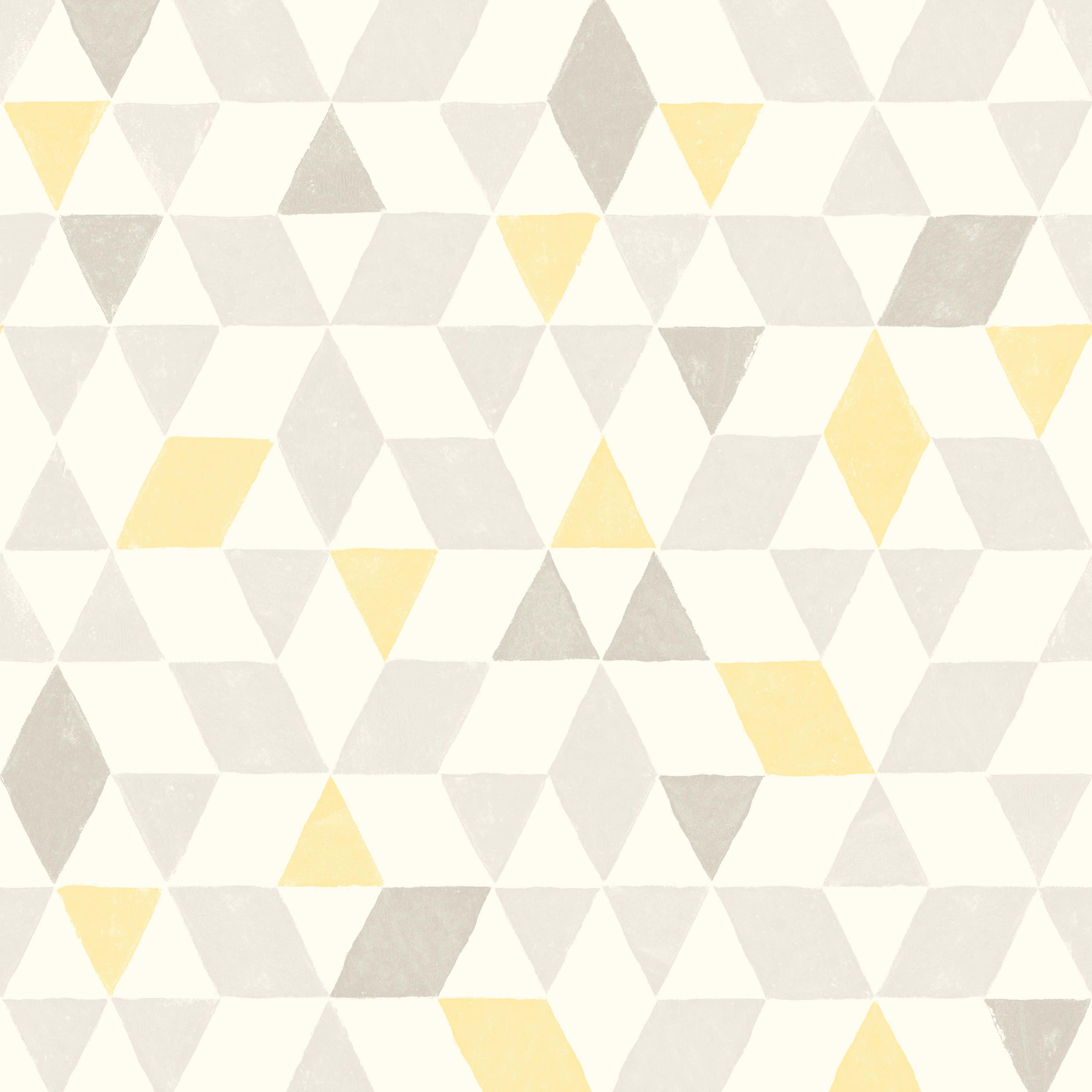 Yellow Geometric 桌布 壁紙 — 幾何圖案壁紙，由柔和黃色、灰色和奶油色的連鎖三角形組成，帶有微妙的紋理飾面。