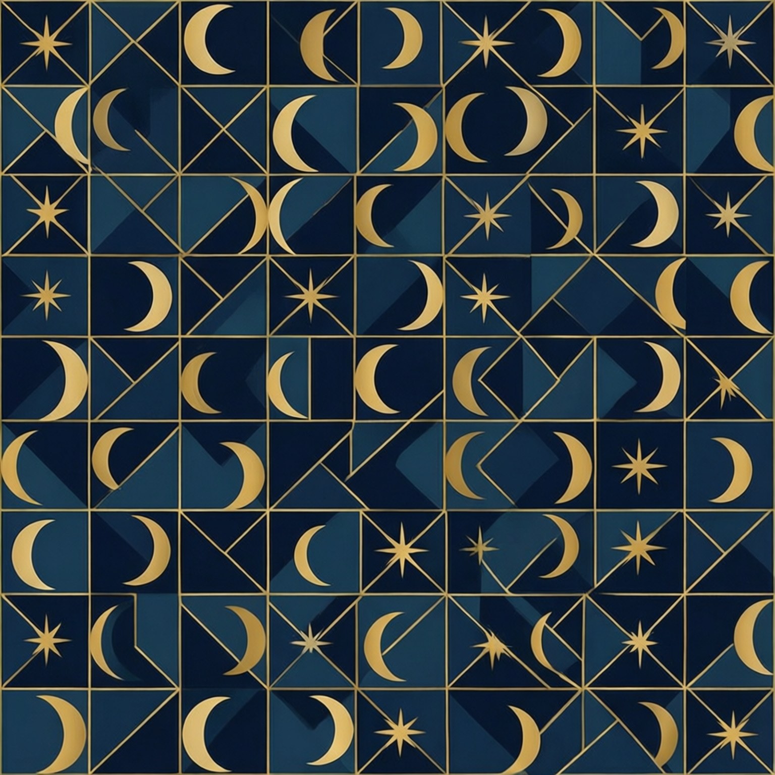 Geometric Moon Pattern 壁紙 — 深藍色背景上金色新月和星星的幾何壁紙圖案，帶有金色網格線。