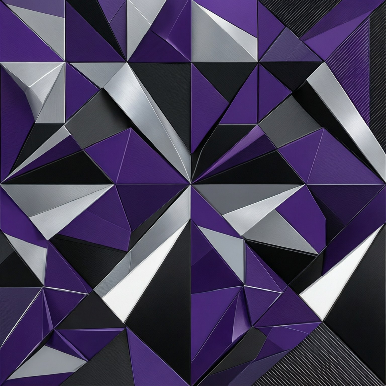 Polygon Kings Pattern 壁紙 — 幾何圖案壁紙，以銳利的紫色、銀色和黑色三角形切面營造出放射狀星爆圖案。