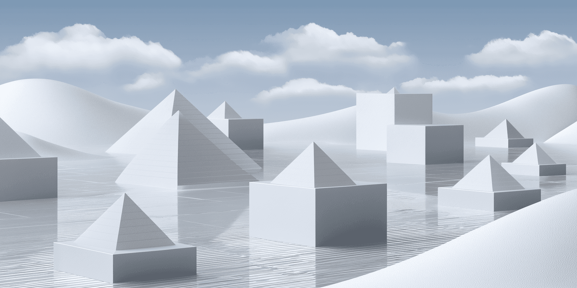 白色幾何形狀漂浮在反射表面上，天空多雲。 — 3D 壁紙