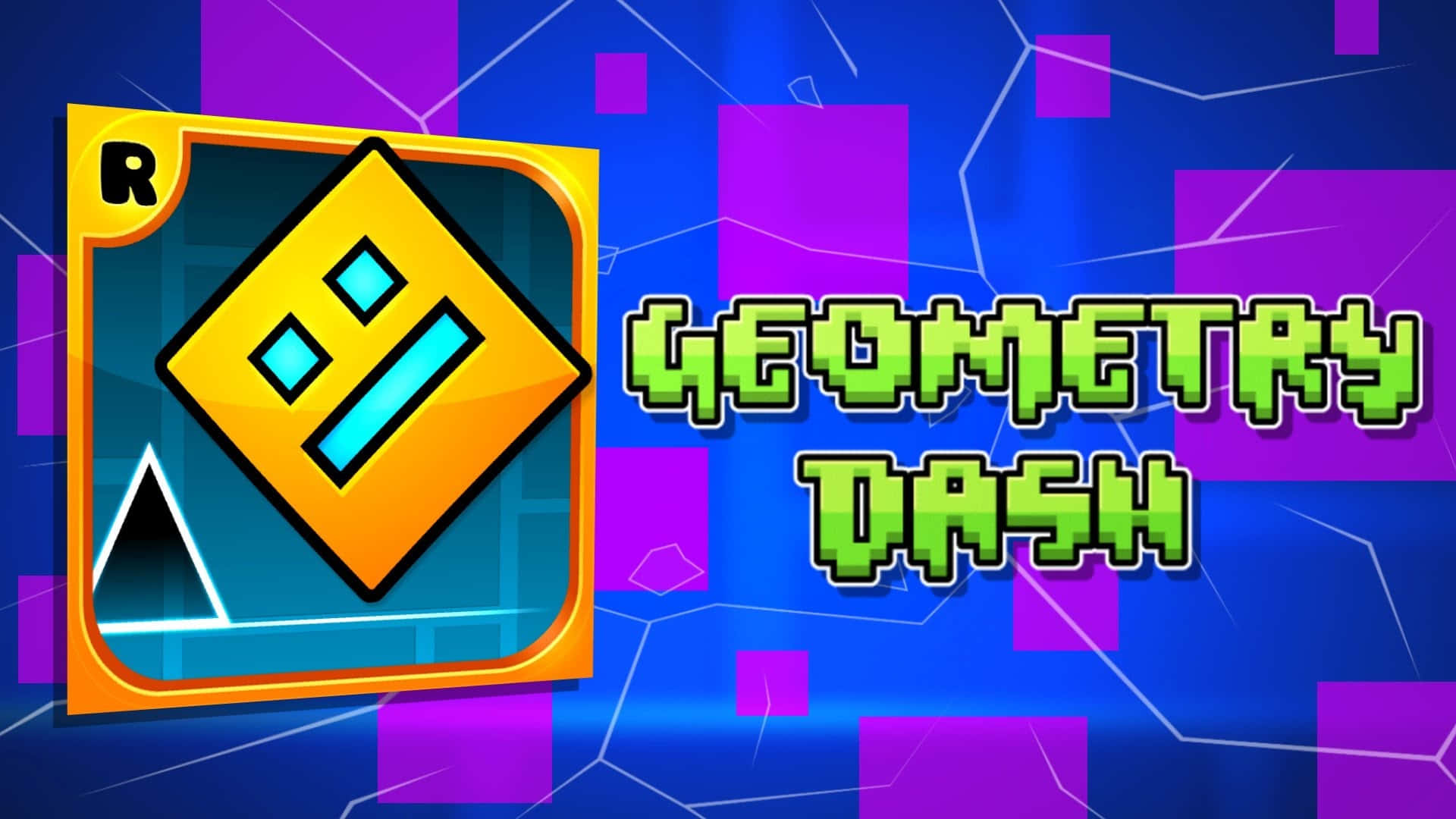 Logo 桌布 壁紙 — Geometry Dash 充滿活力的霓虹遊戲標誌，帶有發光的綠色文字和幾何形狀，背景為動態的紫藍色。