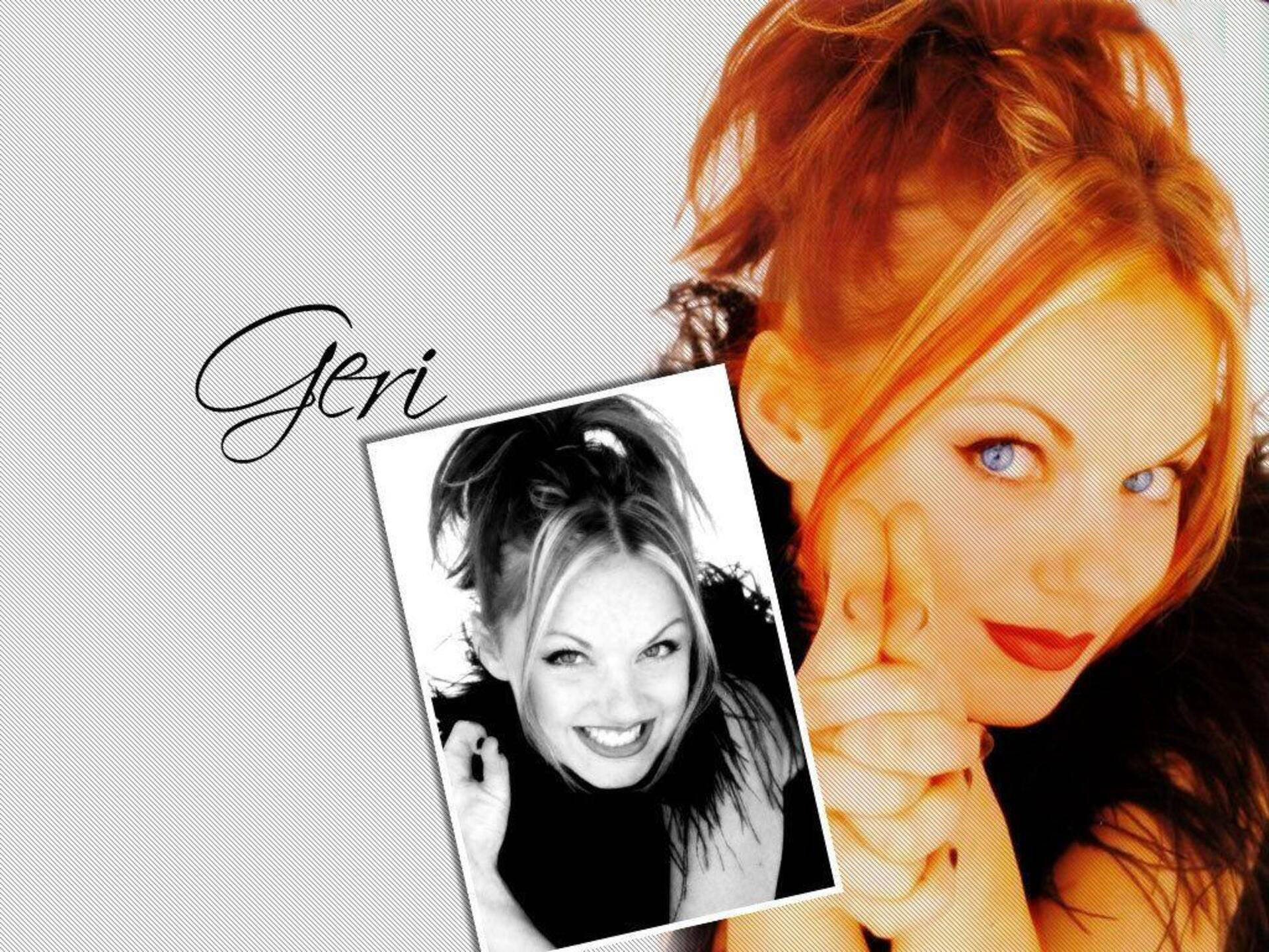 girls 桌布 壁紙 — Geri Halliwell 的鮮豔肖像，擁有火紅的頭髮和藍色的眼睛，微笑著手持自己的黑白照片。
