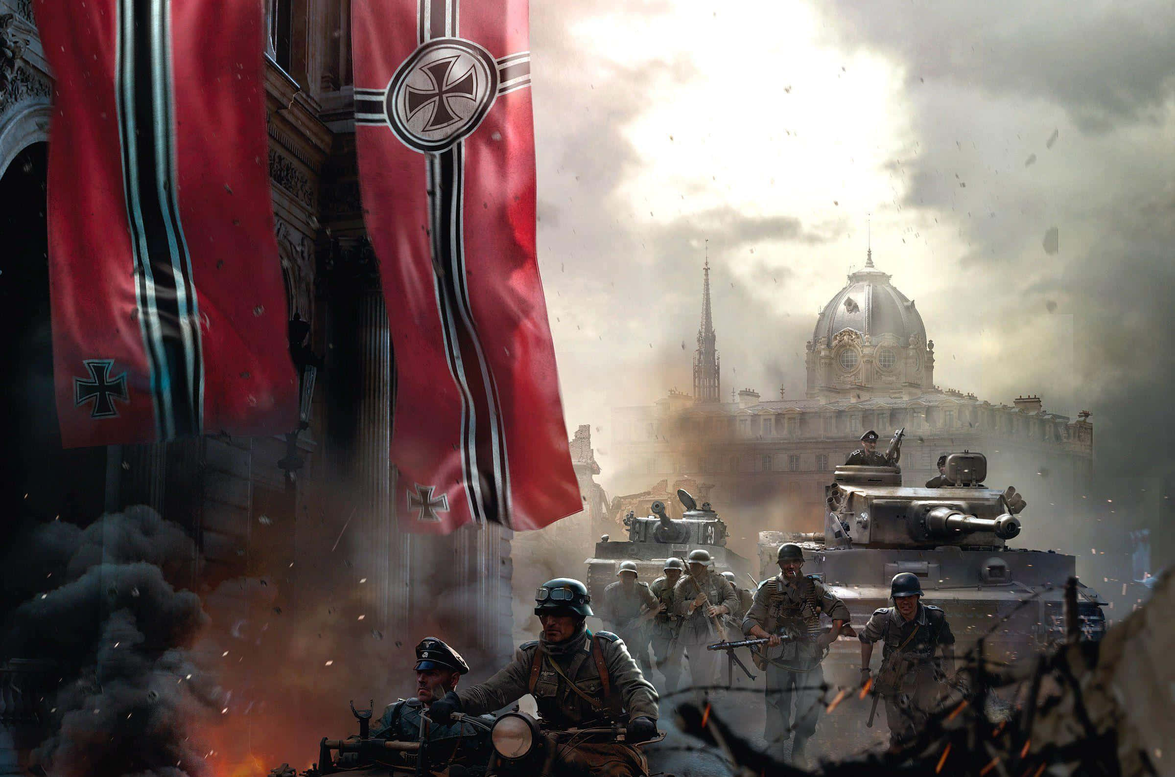 World War 2 桌布 壁紙 — 德國士兵在煙霧瀰漫的城市街道上前進，坦克和鐵十字旗飄揚，圓頂建築在迷霧中若隱若現。