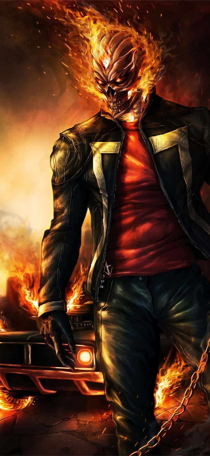 Ghost Rider 與燃燒的骷髏頭和機車在火焰場景中。 — 鬼 Rider 壁紙